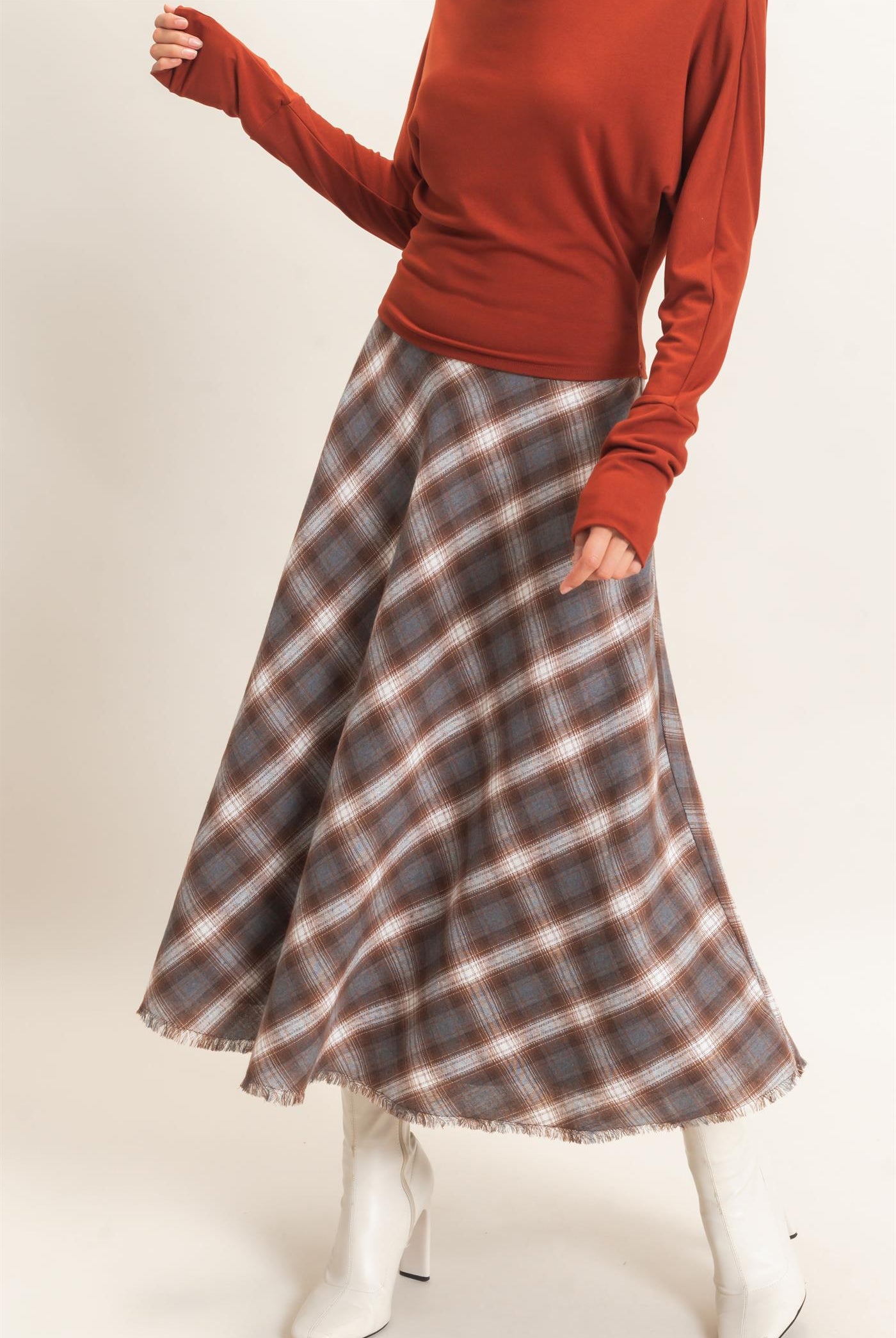 Wholesale A-Line Plaid Frayed Hem Skirt Skirts HF26E972 BROWN HYFVE