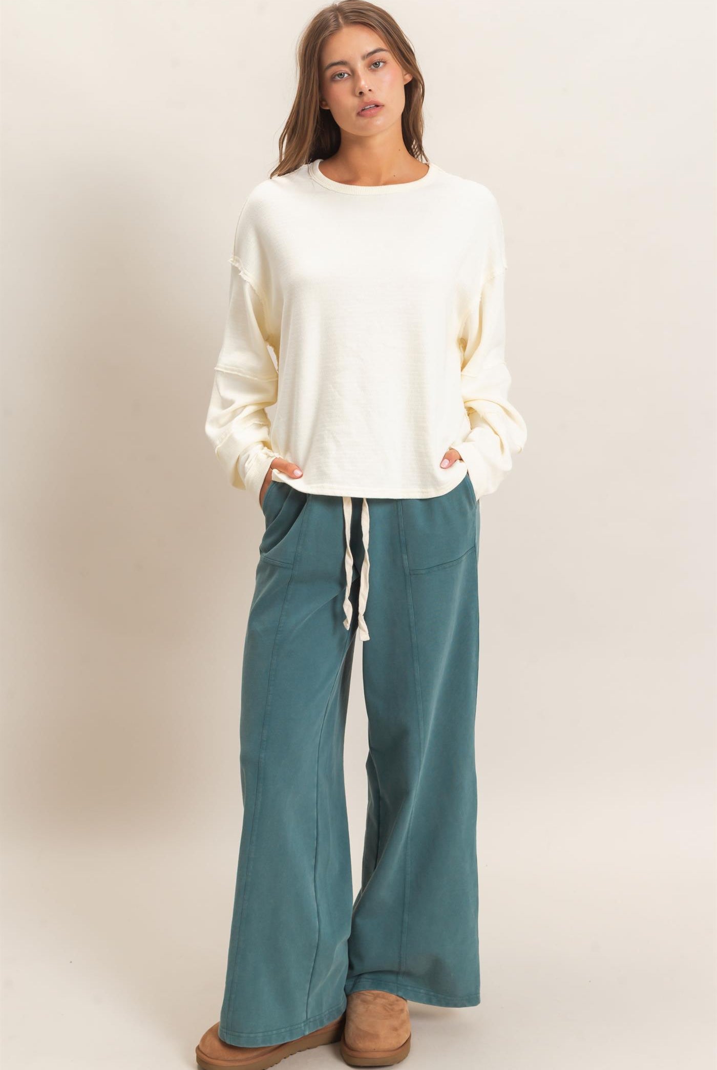 Wholesale Acid Wash Drawstring Waist Wide Leg Pants Pants DZ25A685 DARK TEAL DOUBLE ZERO