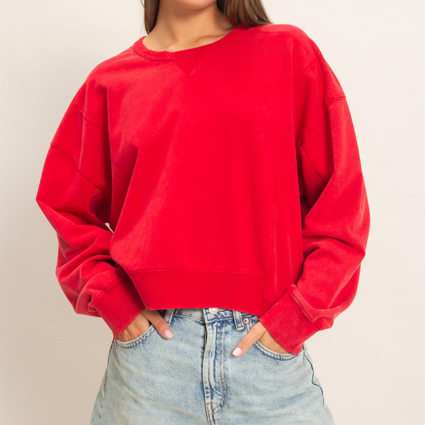 Wholesale Acid Wash Seam Detail Crew Neck Sweatshirt Sweatshirts DZ26E260 RED DOUBLE ZERO