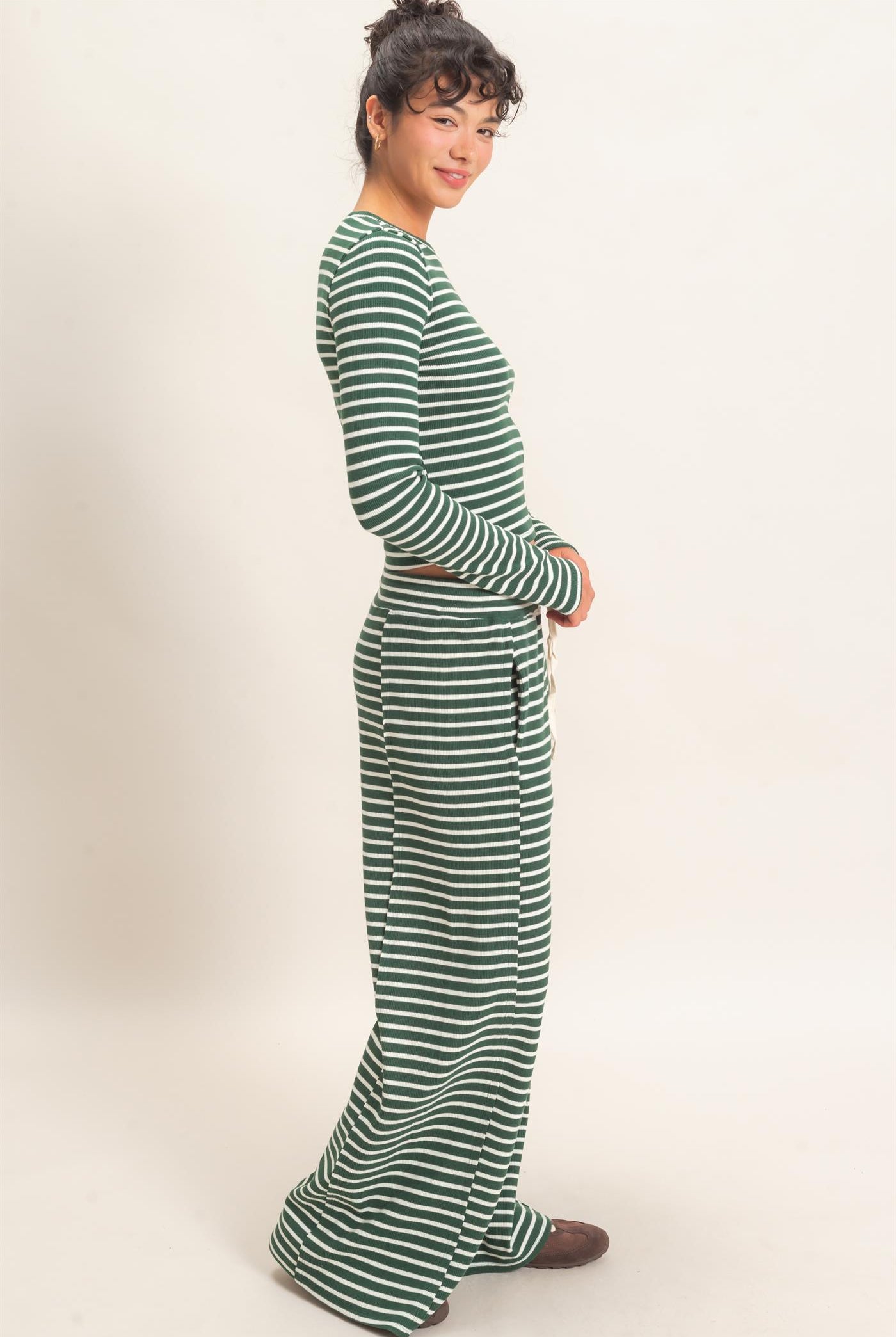 Wholesale Striped Waffle Long Sleeve Top & Pants Set Clothing DZ25F479-SET DARK GREEN DOUBLE ZERO