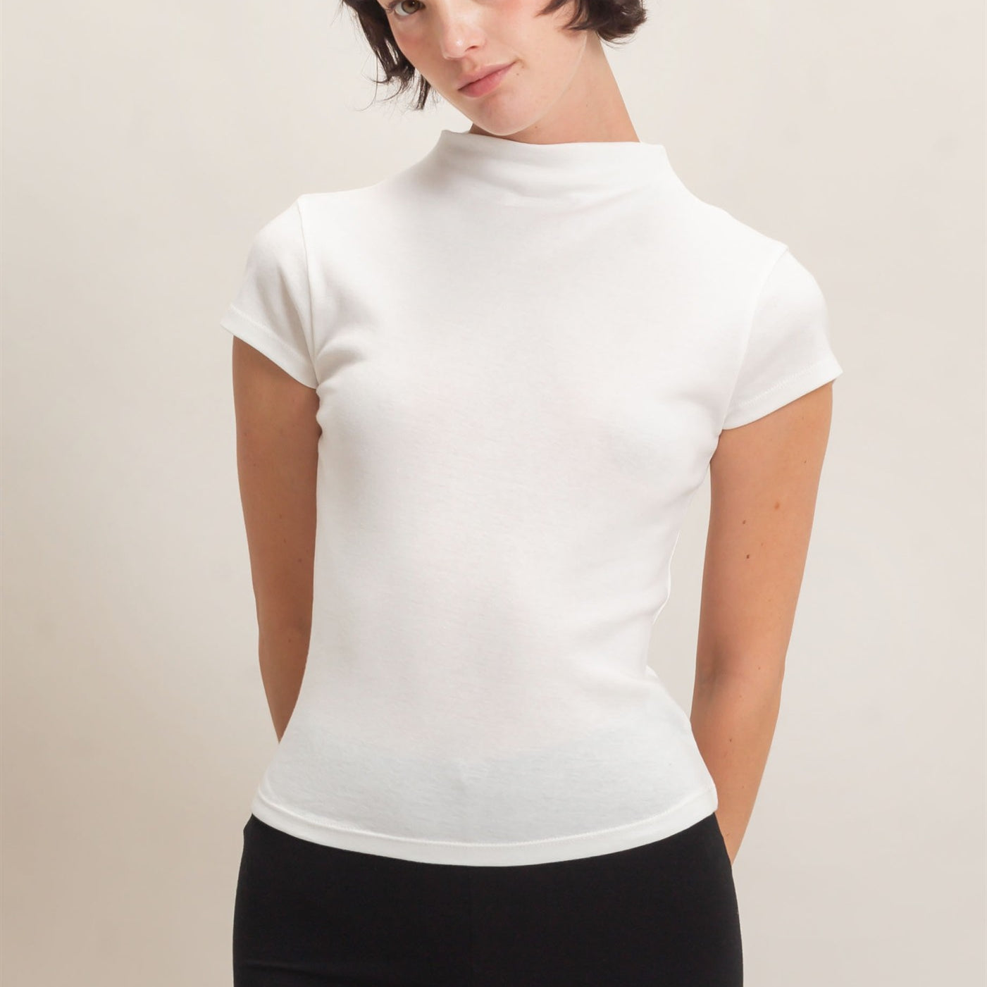 Wholesale Mock Neck Cap Sleeve Top Clothing Tops DZ26E323 WHITE DOUBLE ZERO