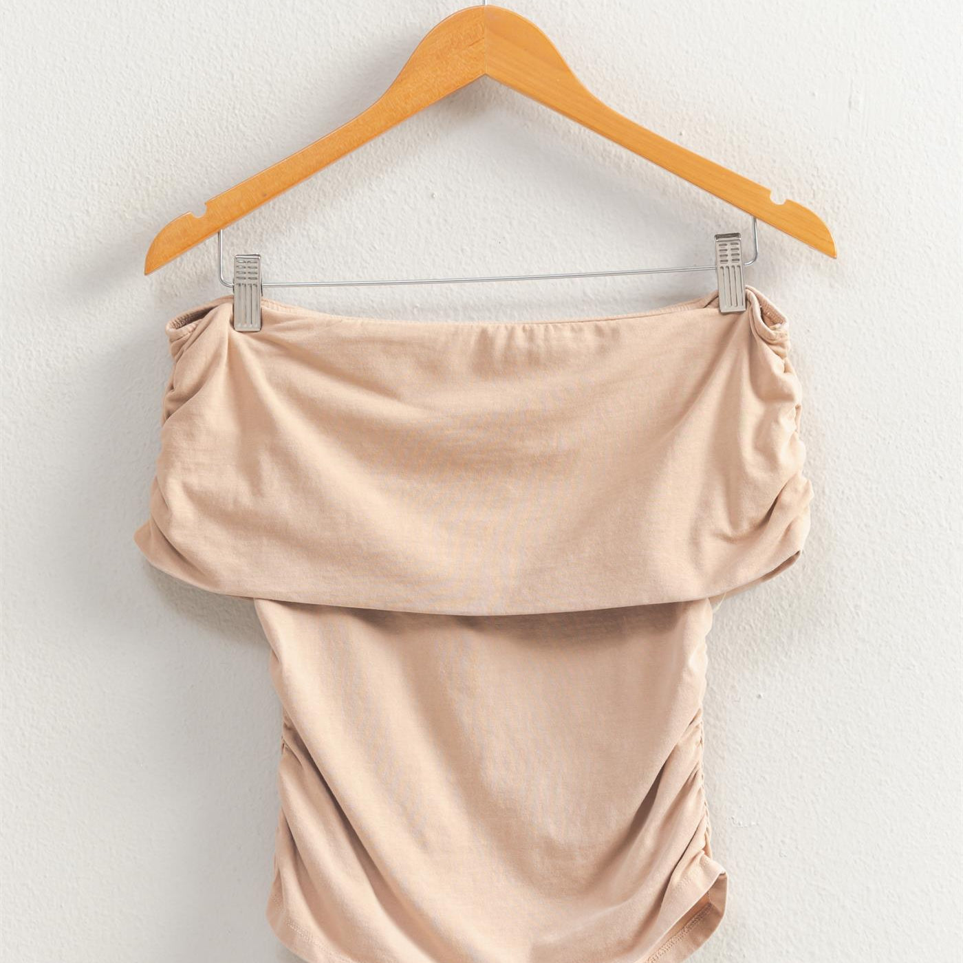Wholesale Off-The-Shoulder Side Ruched Top Clothing Tops DZ25C848 DARK TAUPE DOUBLE ZERO