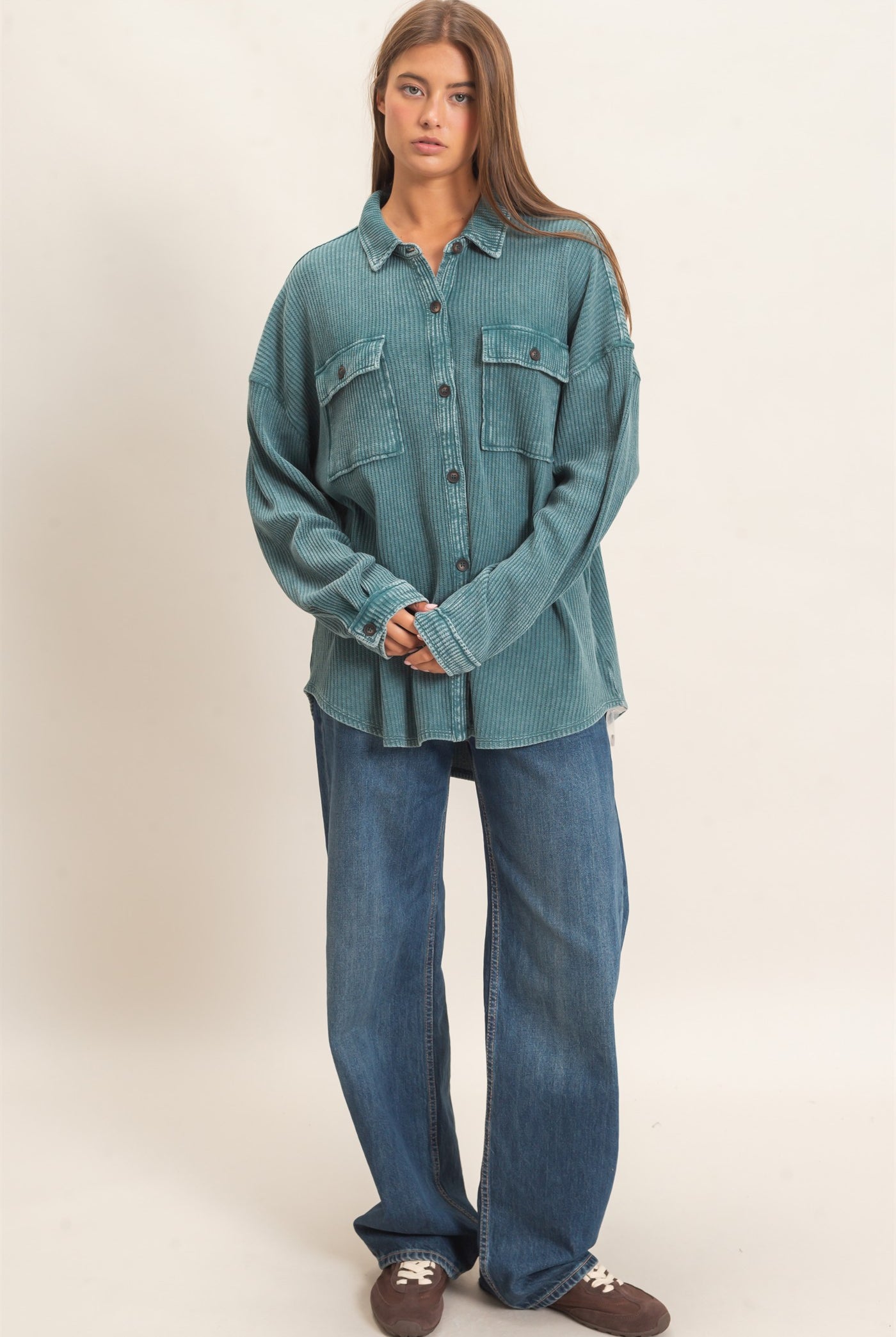 Wholesale Mineral Wash Waffle Knit Button-Up Shacket Coats & Jackets DZ26E249 DARK TEAL DOUBLE ZERO