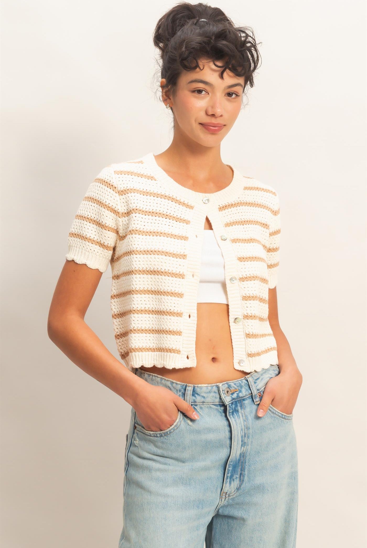 Wholesale Striped Short Sleeve Cardigan With Scallop Edge Cardigans DZ26A605 TAUPE DOUBLE ZERO