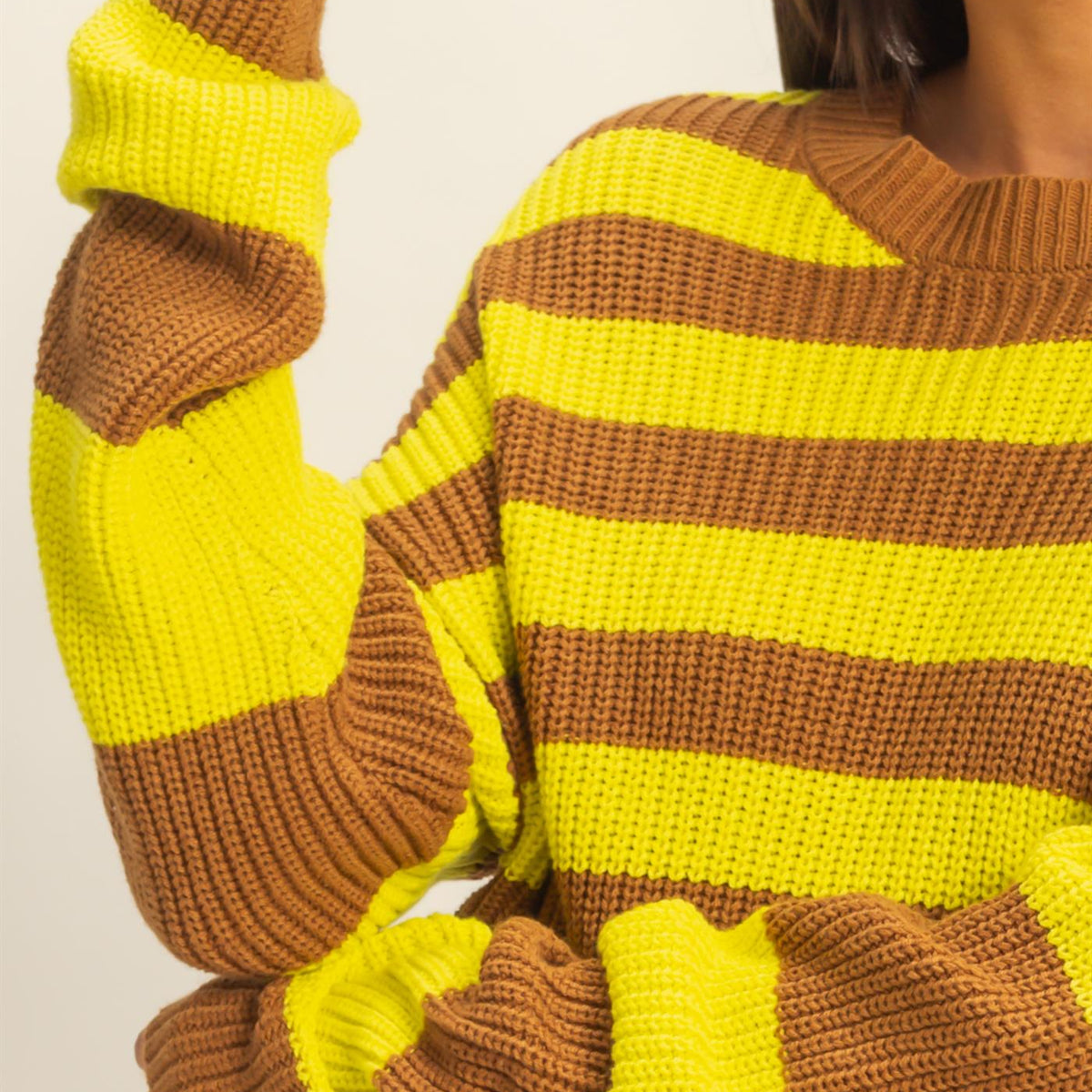 Wholesale Striped Long Sleeve Sweater Clothing Tops DZ23F071 BROWN/YELLOW DOUBLE ZERO