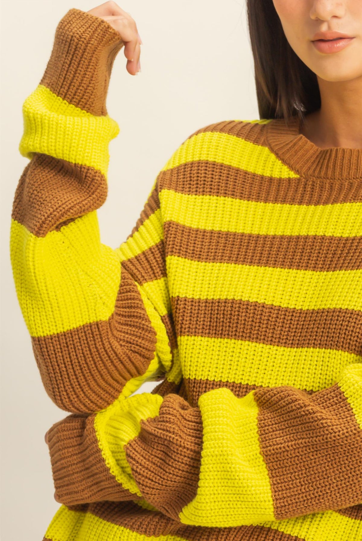 Wholesale Striped Long Sleeve Sweater Clothing Tops DZ23F071 BROWN/YELLOW DOUBLE ZERO