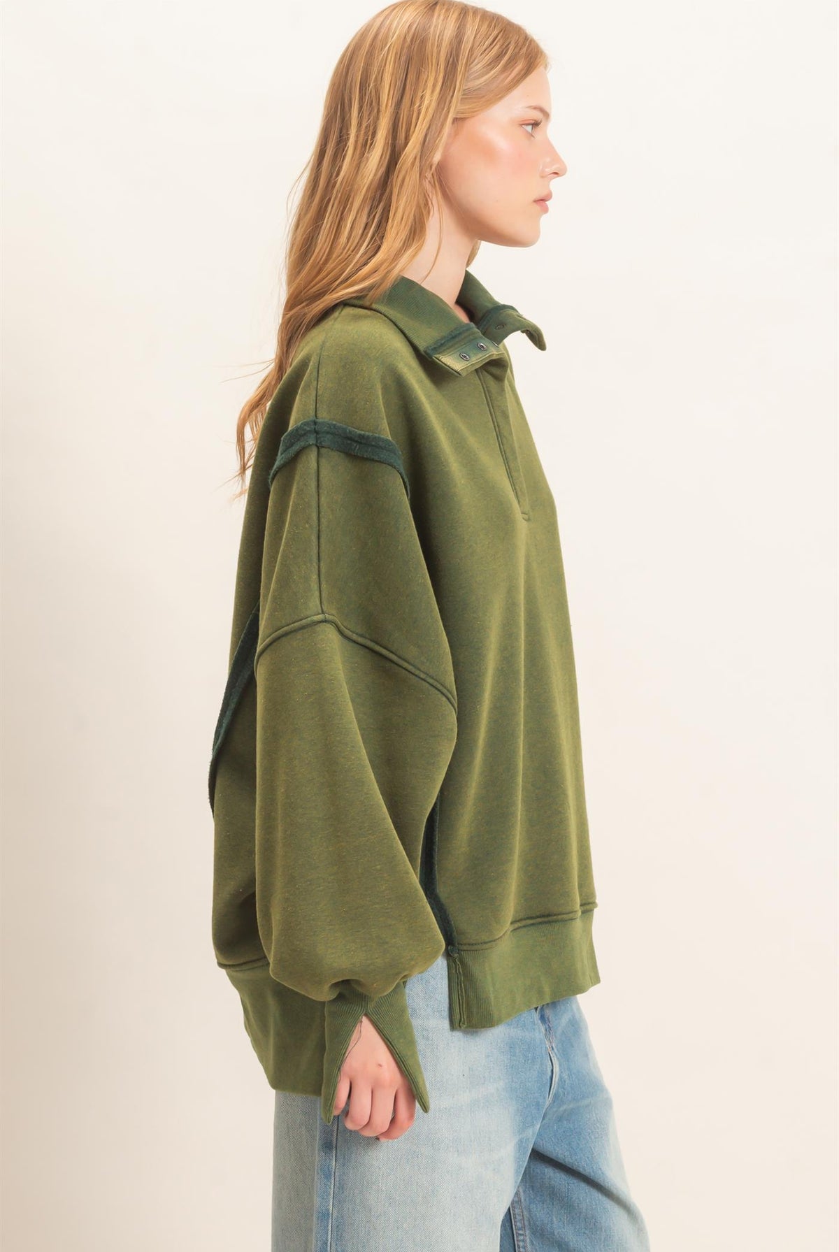 Wholesale Mineral Wash Snap Collar Pullover Clothing Tops HF26F086-D HUNTER GREEN HYFVE
