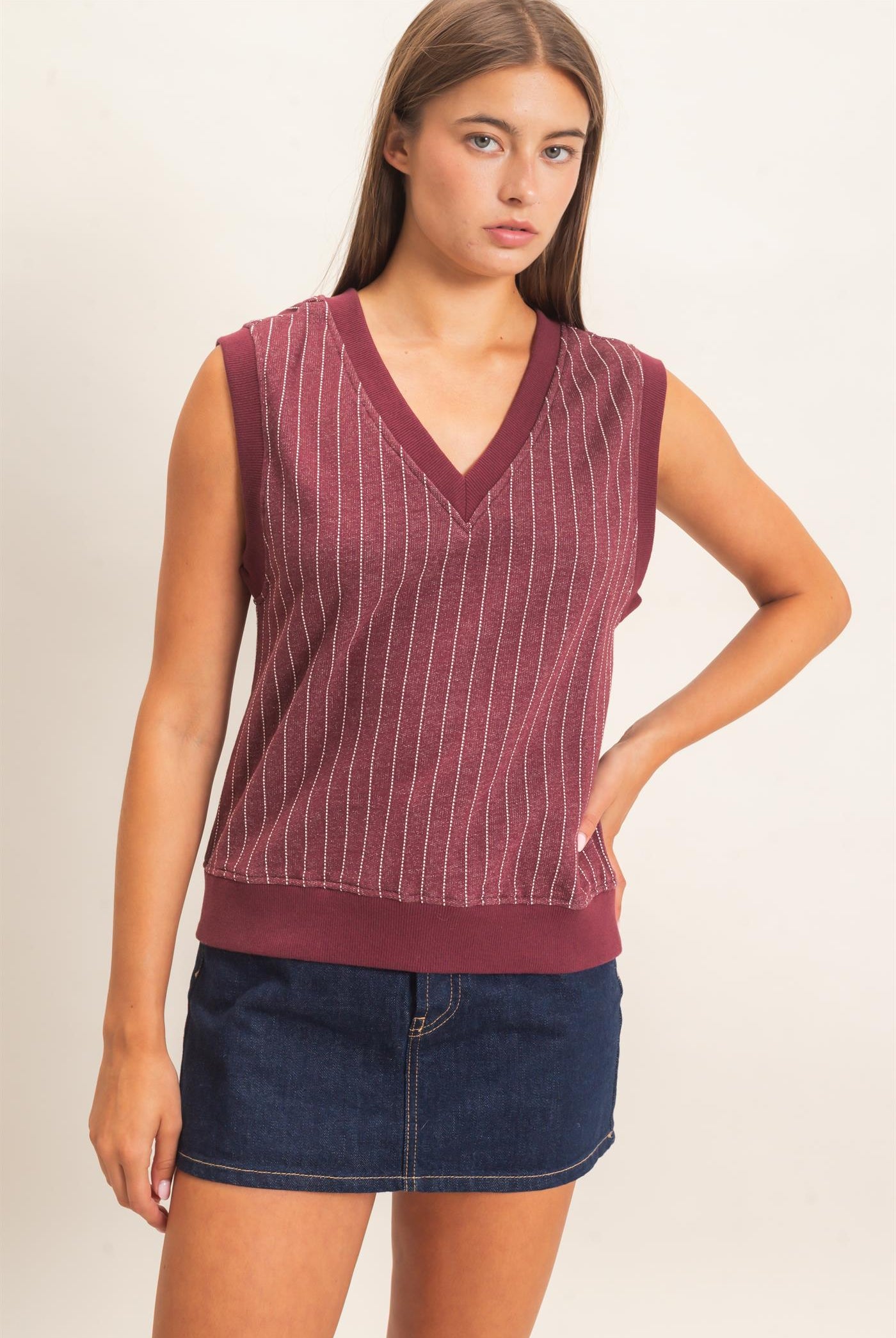 Wholesale V-Neck Pinstripe Sleeveless Top Clothing Tops DZ26E626 DARK CHERRY DOUBLE ZERO