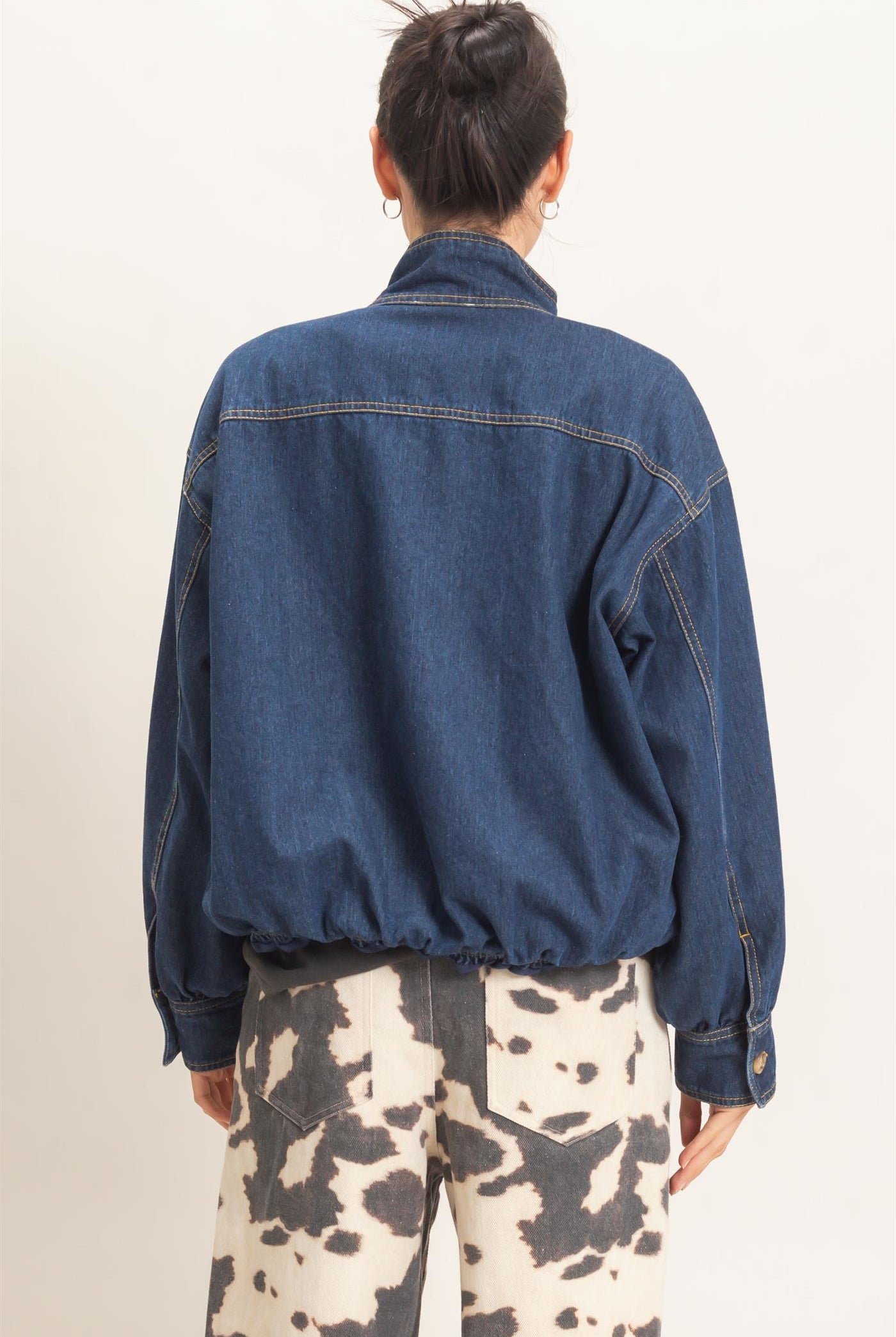Wholesale High Collar Denim Bomber Jacket Coats & Jackets HF26E090-D DARK DENIM HYFVE