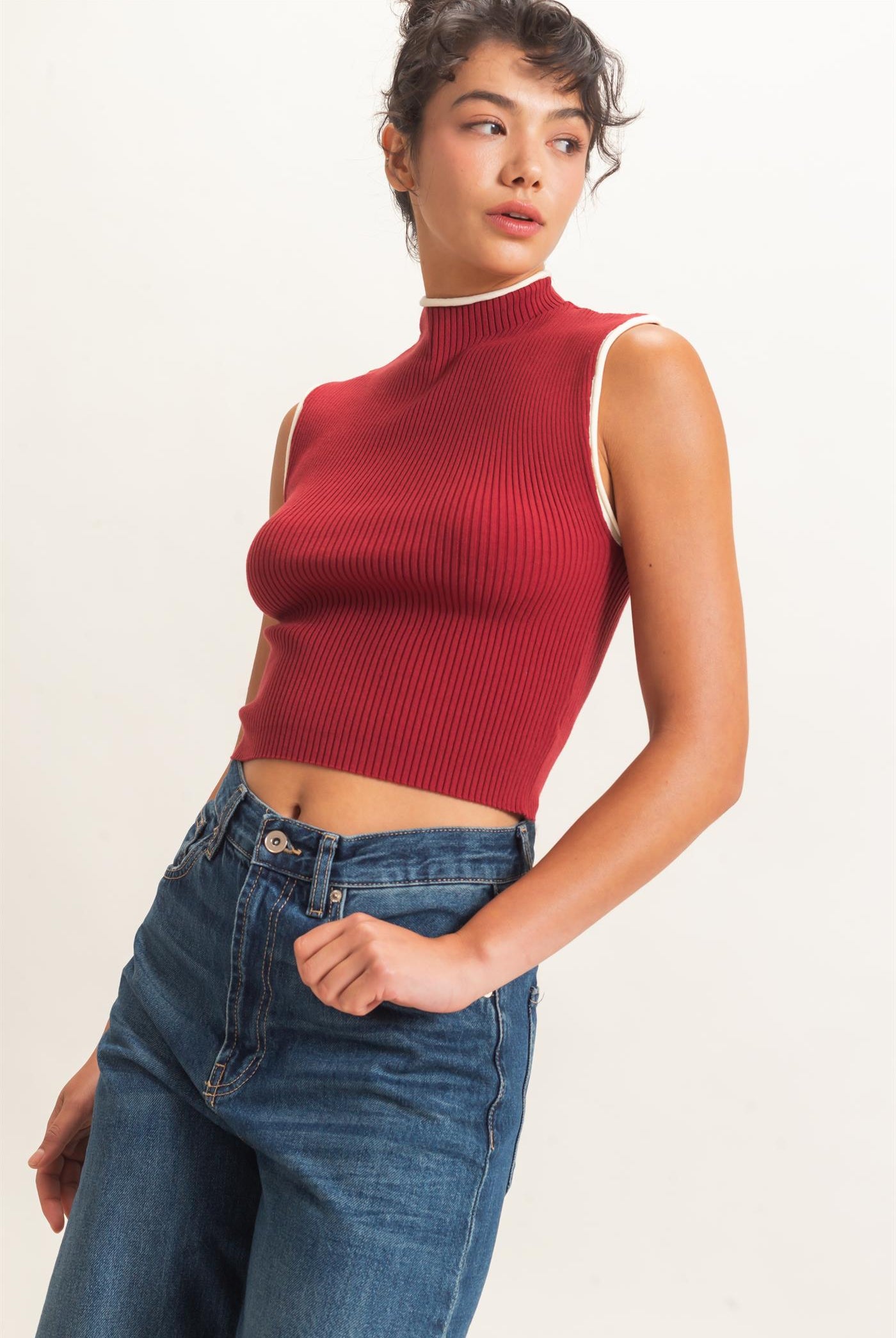Wholesale Ribbed Mock Neck Sleeveless Top Clothing Tops DZ26E777 DARK RED DOUBLE ZERO