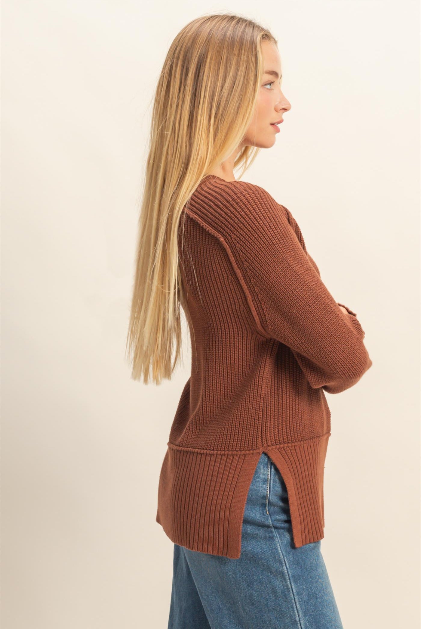 Wholesale Ragaln Long Sleeve Side Slit Sweater Sweaters DZ25E812 CHESTNUT DOUBLE ZERO