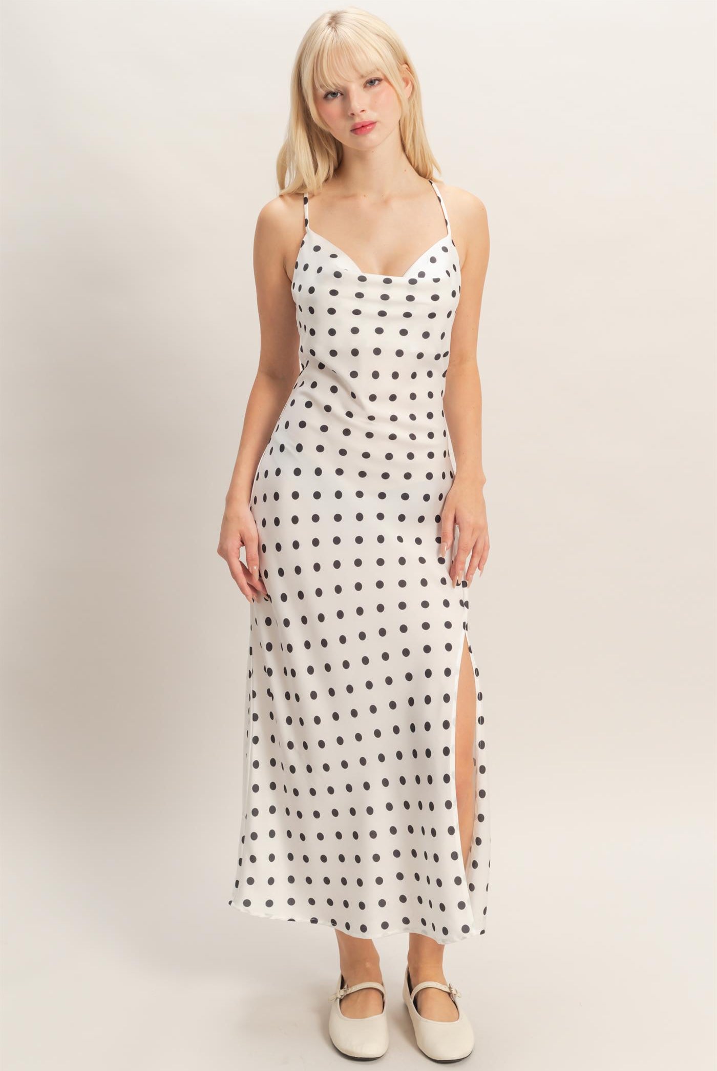 Wholesale Polka Dot Spaghetti Strap Cowl Neck Midi Dress Dresses DZ26C049 WHITE DOUBLE ZERO