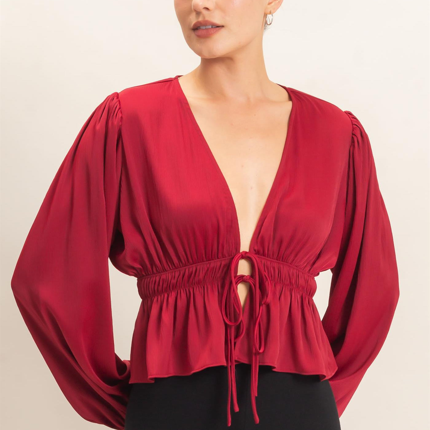 Wholesale Plunging Tie-Front Blouse Blouses HF26F082 BURGUNDY HYFVE
