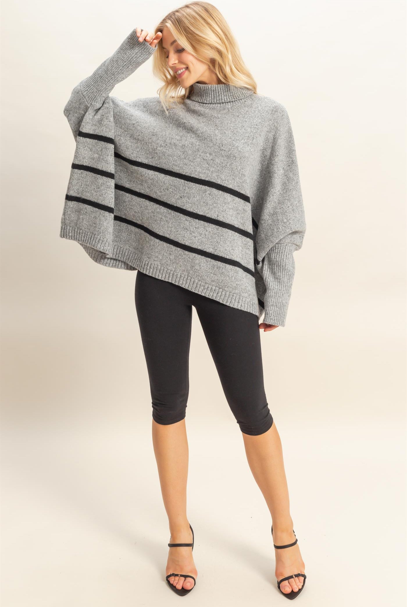 Wholesale Striped Turtle Neck Oversized Sweater Sweaters HF25F290 HEATHER GRAY HYFVE
