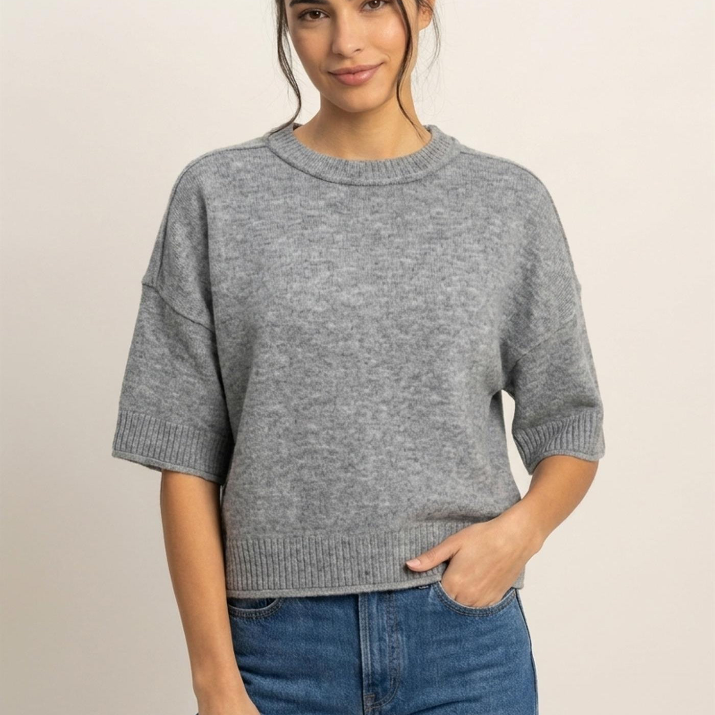 Wholesale Seam Detail Short Sleeve Knit Top Clothing Tops DZ26A827 HEATHER GRAY DOUBLE ZERO