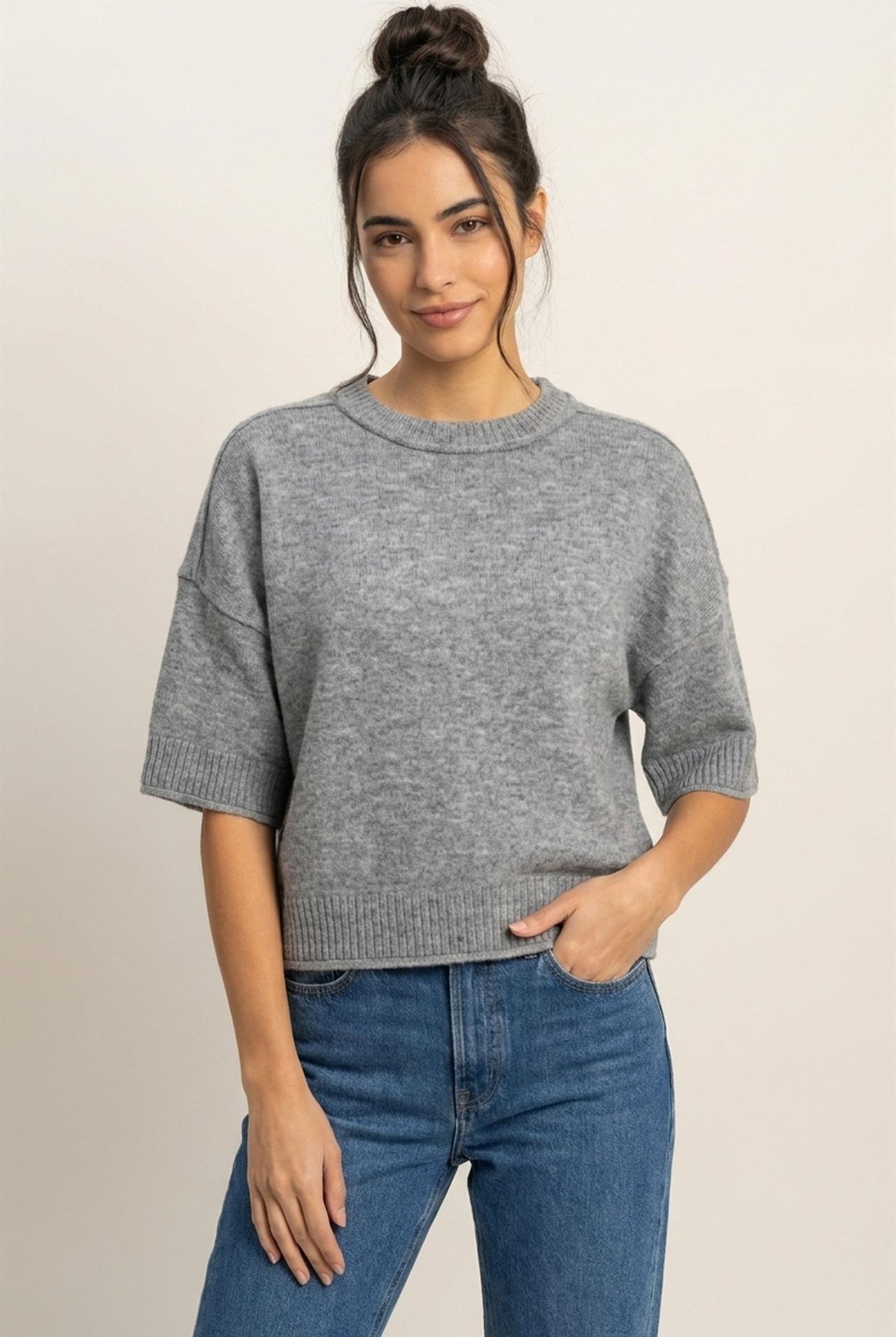 Wholesale Seam Detail Short Sleeve Knit Top Clothing Tops DZ26A827 HEATHER GRAY DOUBLE ZERO