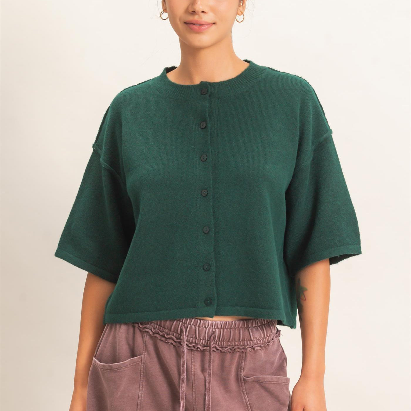 Wholesale Drop Shoulder Short Sleeve Cardigan Cardigans DZ26E238 DARK GREEN DOUBLE ZERO