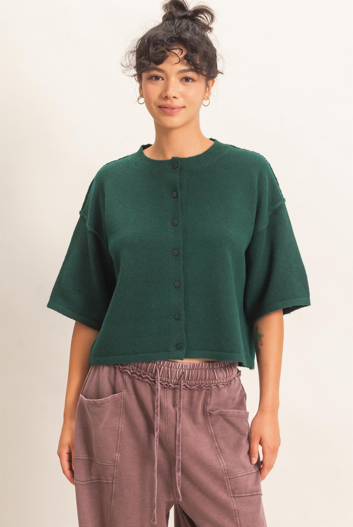 Wholesale Drop Shoulder Short Sleeve Cardigan Cardigans DZ26E238 DARK GREEN DOUBLE ZERO