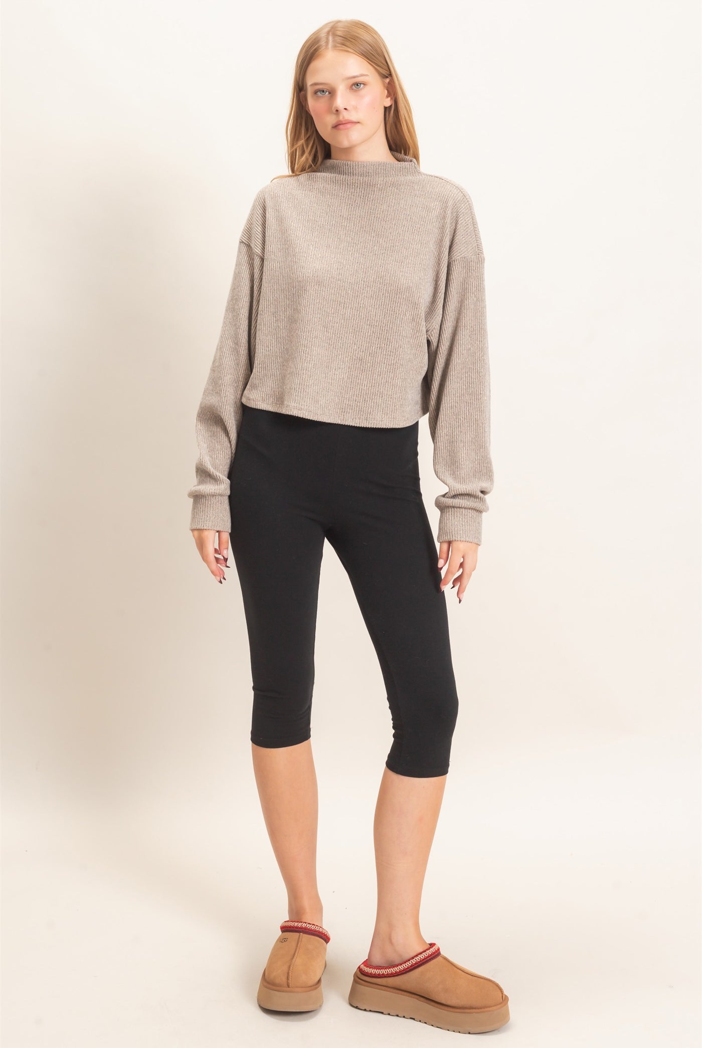 Wholesale Ribbed Mock Neck Top Clothing Tops HF26F030 BEIGE HYFVE