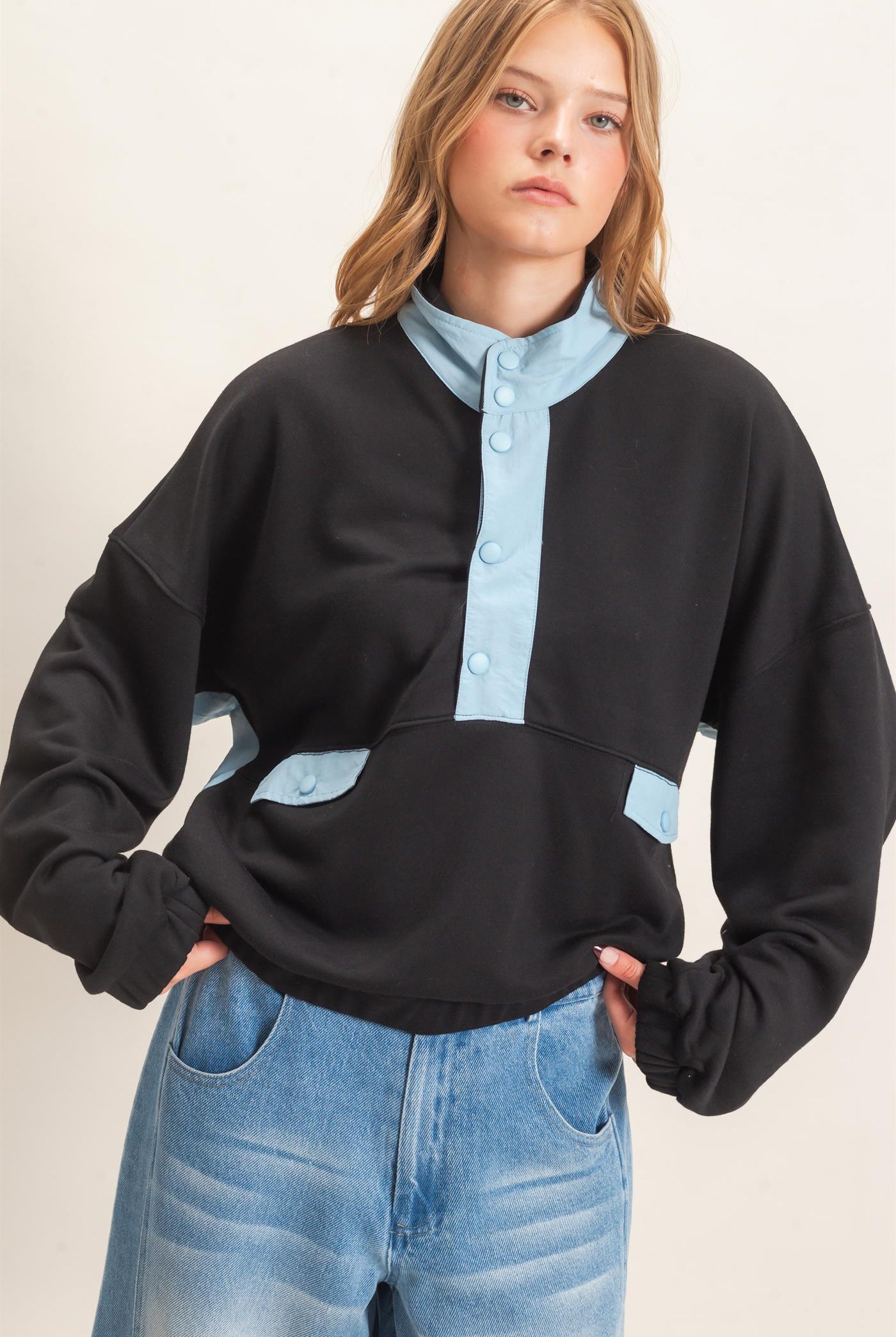 Wholesale Contrast Button-Up Collar Top Clothing Tops HF26C875 BLACK HYFVE