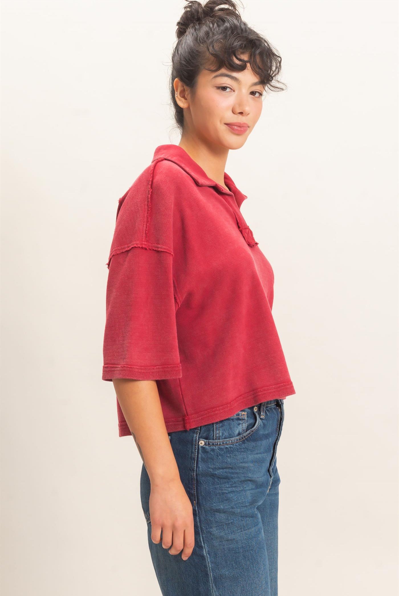 Wholesale Mineral Wash Oversized Collar Short Sleeve Top Clothing Tops DZ26E813 DARK RED DOUBLE ZERO