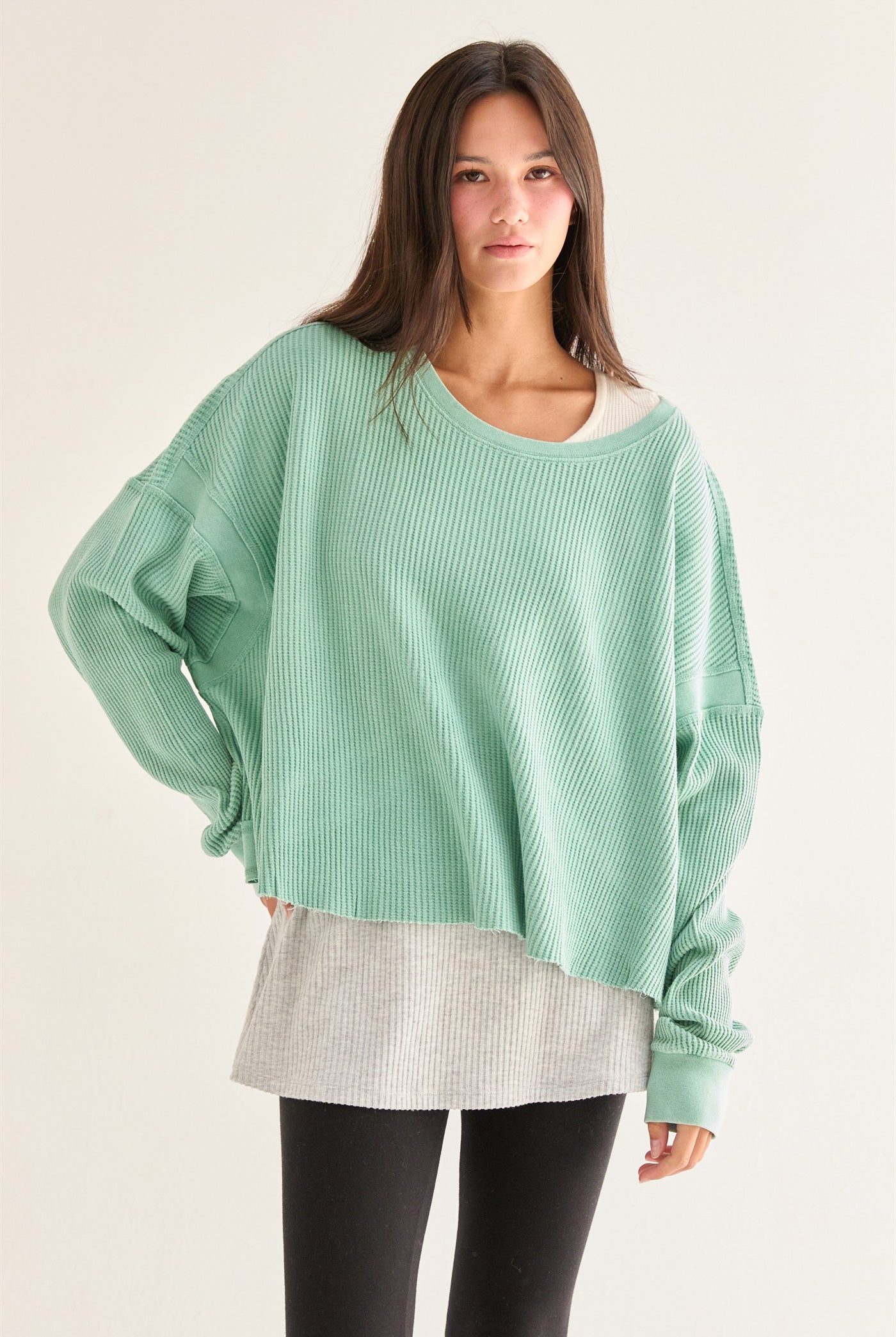 Wholesale Open Back Textured Knit Long Sleeve Top Clothing Tops DZ26A626 EMERALD DOUBLE ZERO