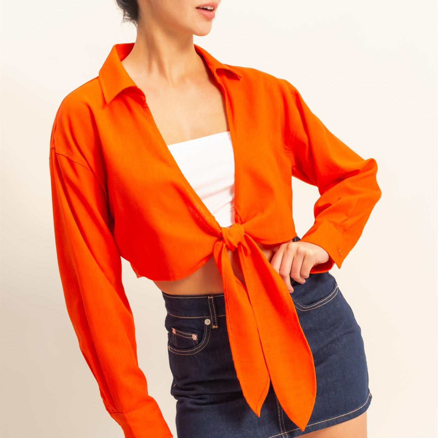 Wholesale Sand Washed Tie Front Crop Top Blouses DZ24C963 TOMATO DOUBLE ZERO