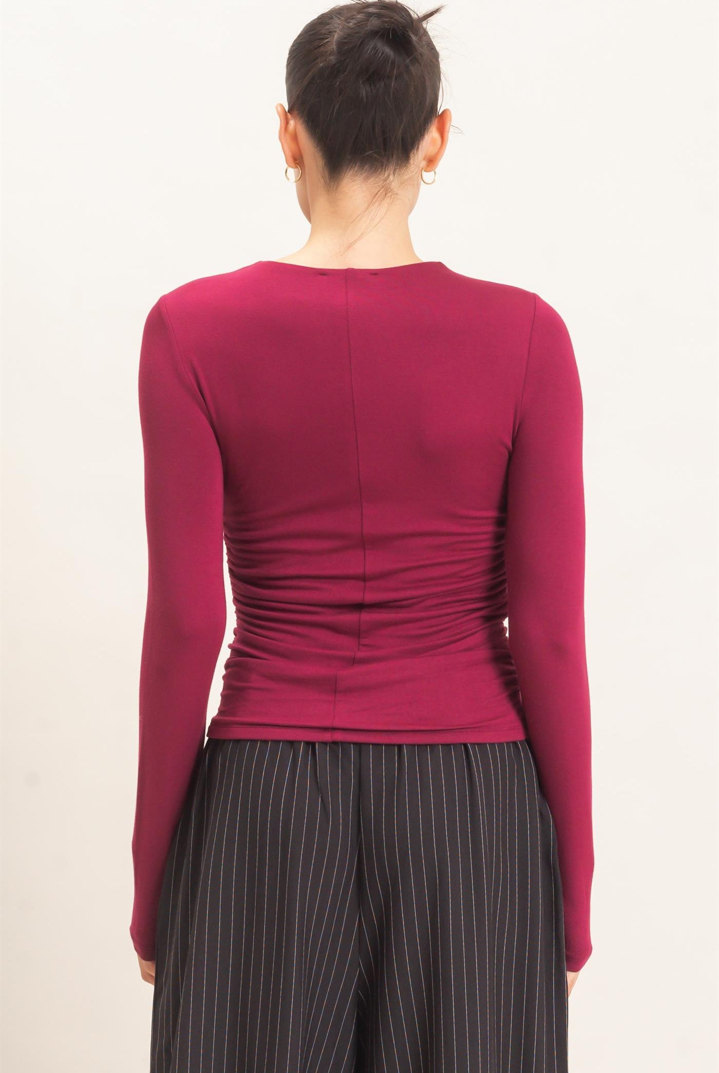 Wholesale Ruched Long Sleeve Top Clothing Tops HF26E776 BURGUNDY HYFVE