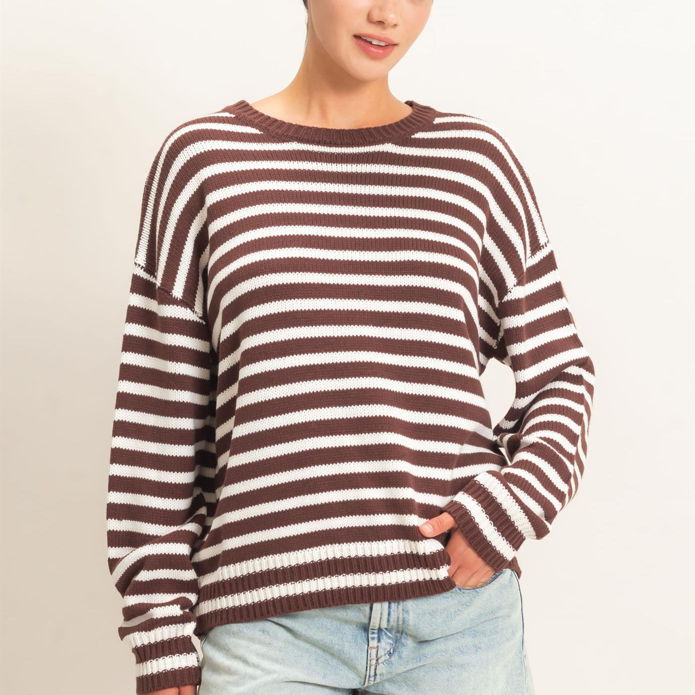 Wholesale Striped Crew Neck Sweater Sweaters DZ26E237 DARK BROWN DOUBLE ZERO