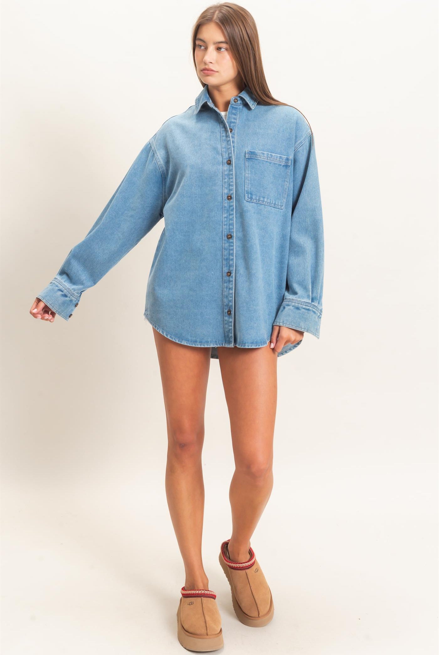 Wholesale Denim Button-Up Collar Shirt Clothing Tops DZ26F410 MEDIUM BLUE DOUBLE ZERO