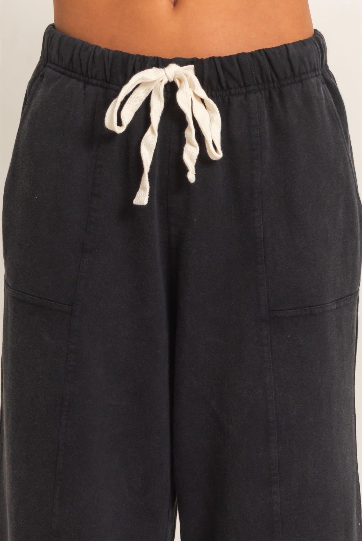 Wholesale Acid Wash Drawstring Waist Wide Leg Pants Pants DZ25A685 BLACK DOUBLE ZERO