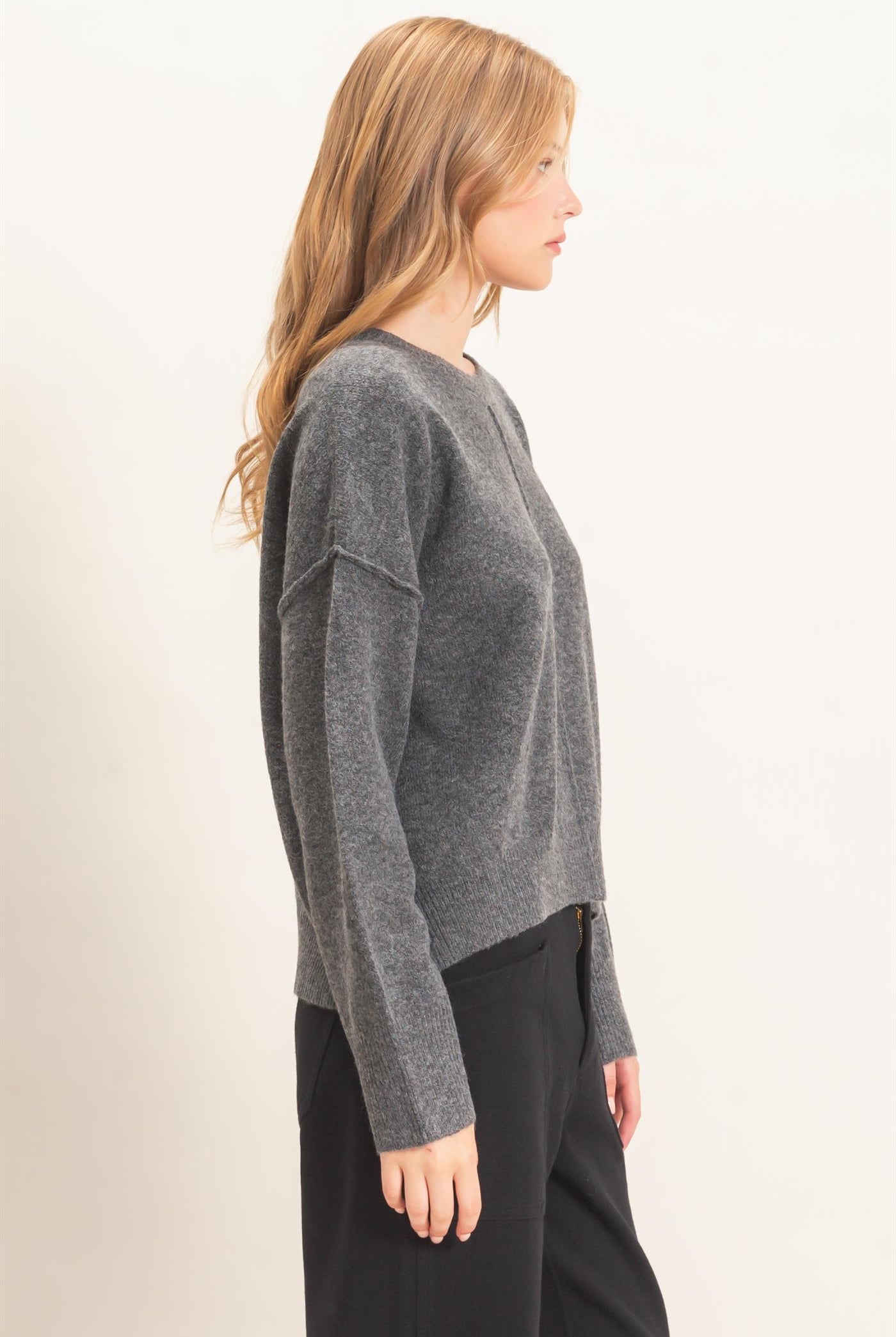 Wholesale Crew Neck Sweater With Ribbed Hem Sweaters HF26E203-D CHARCOAL HYFVE