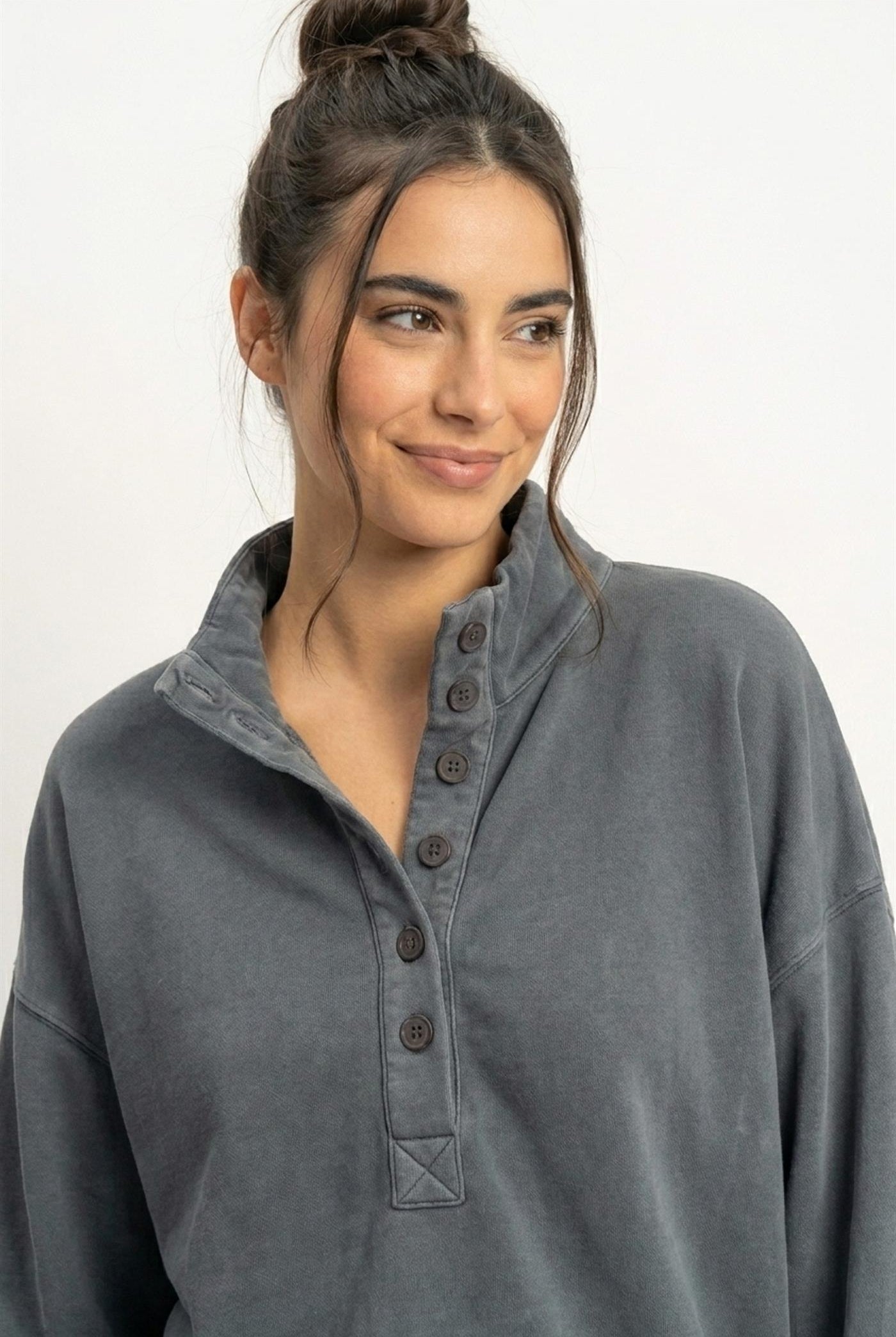Wholesale Mineral Wash Button Front Sweatshirt Sweatshirts DZ26C909 DARK GRAY DOUBLE ZERO