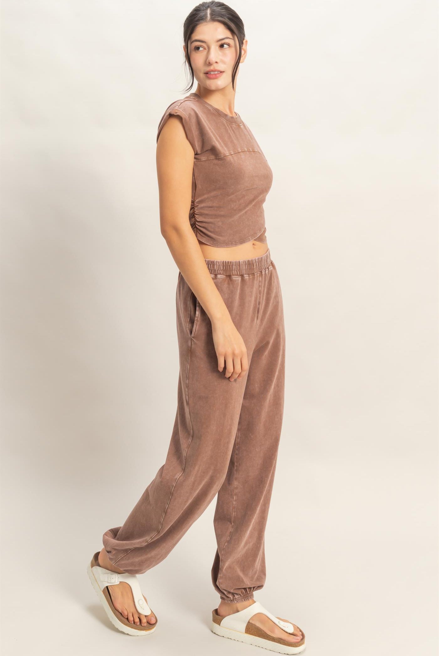 Wholesale Rolled Sleeve Wrap-Front Crop Top And Jogger Set Clothing DZ26A172-SET CHOCOLATE DOUBLE ZERO