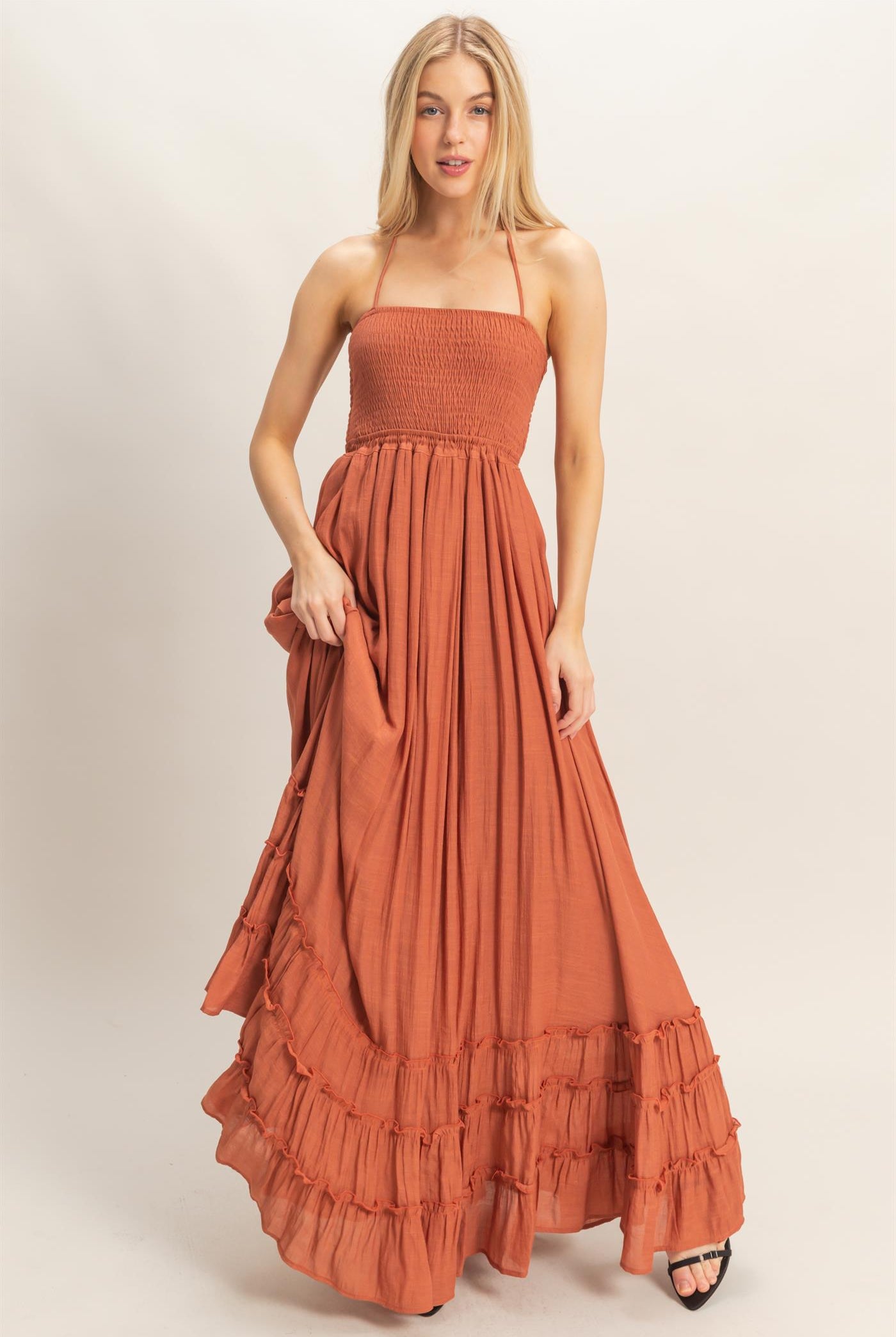 Wholesale Smocked Halter Maxi Dress Dresses HF26C290-D RUST HYFVE