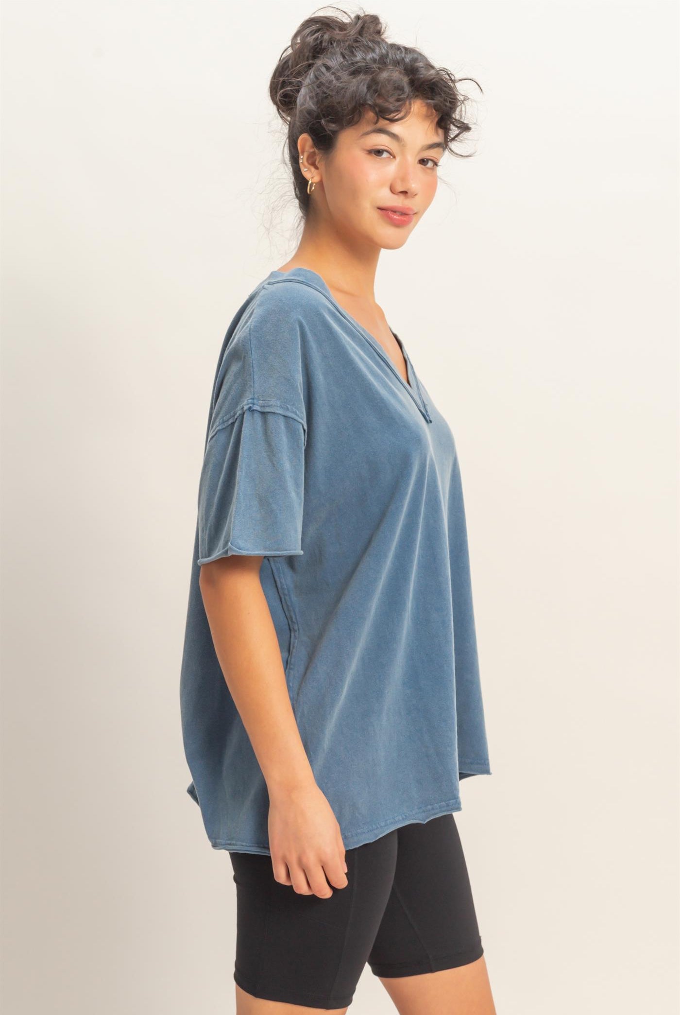 Wholesale Washed V-Neck Oversized Tee Clothing Tops DZ26A760 NAVY DOUBLE ZERO