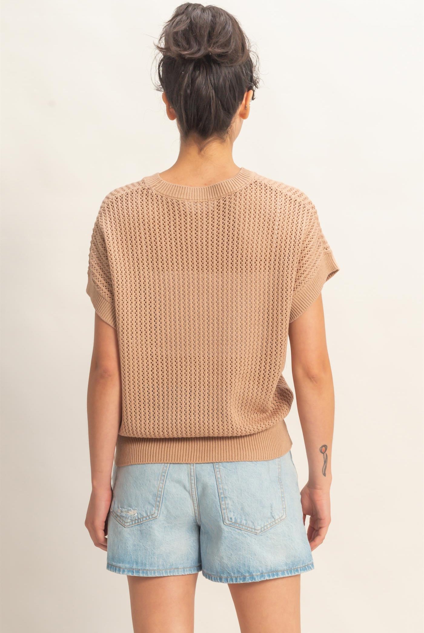 Wholesale Open-Knit Dolman Sleeve Top Clothing Tops DZ26A334 DARK TAUPE DOUBLE ZERO