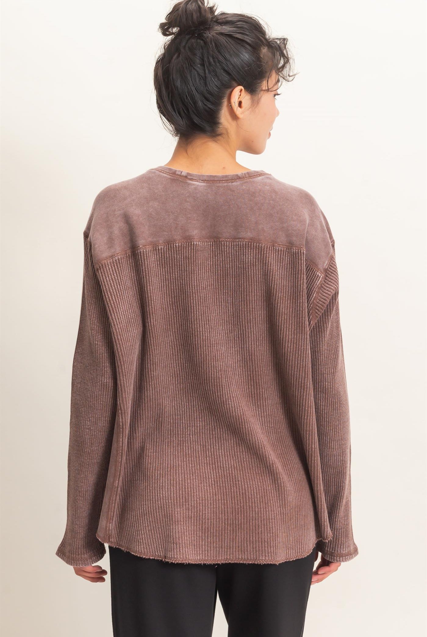 Wholesale Oversized Mineral Washed Waffle Knit Top Clothing Tops DZ26E654 DARK BROWN DOUBLE ZERO