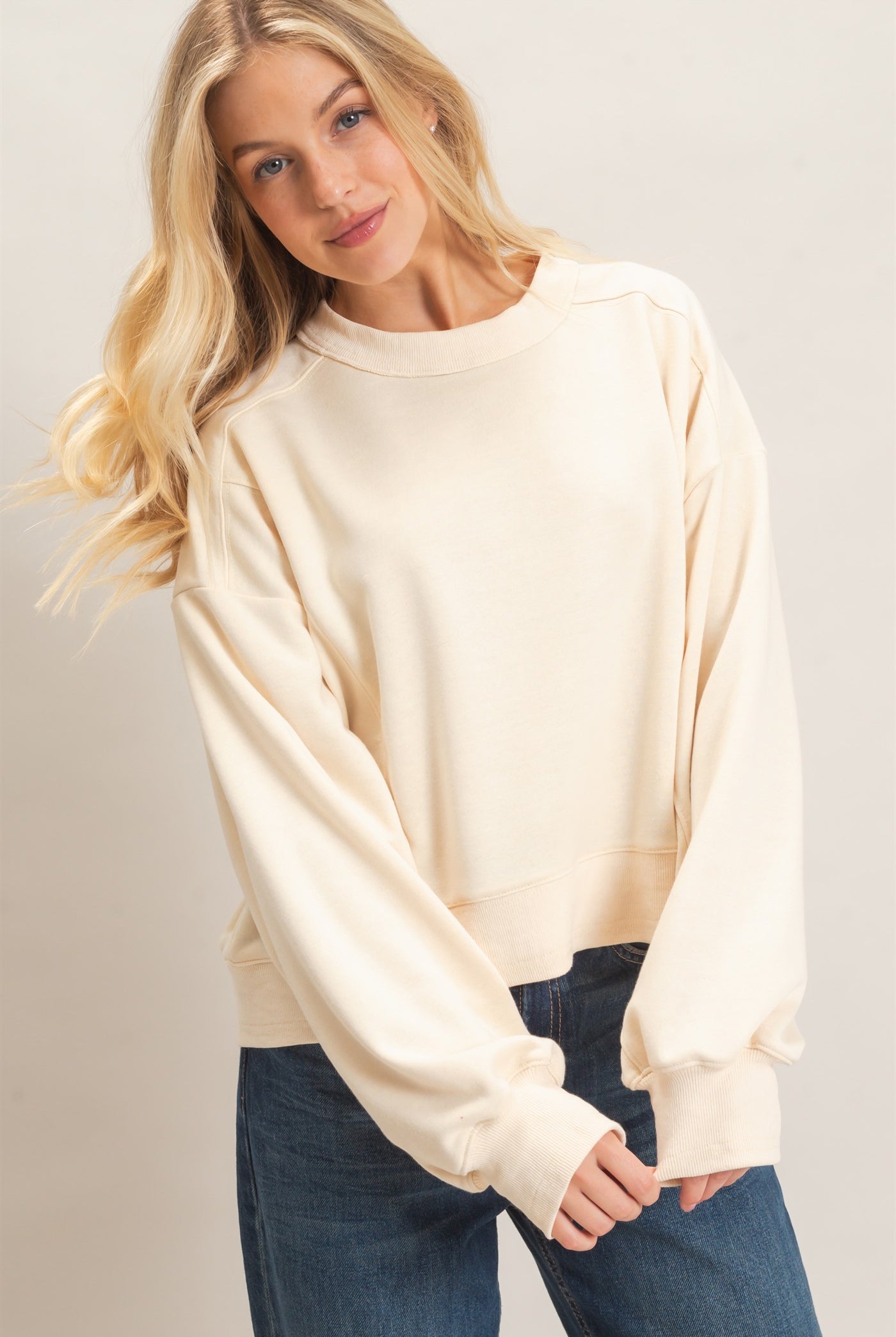Wholesale Ribbed Crew Neck Sweatshirt Sweatshirts HF26F087 CREAM HYFVE