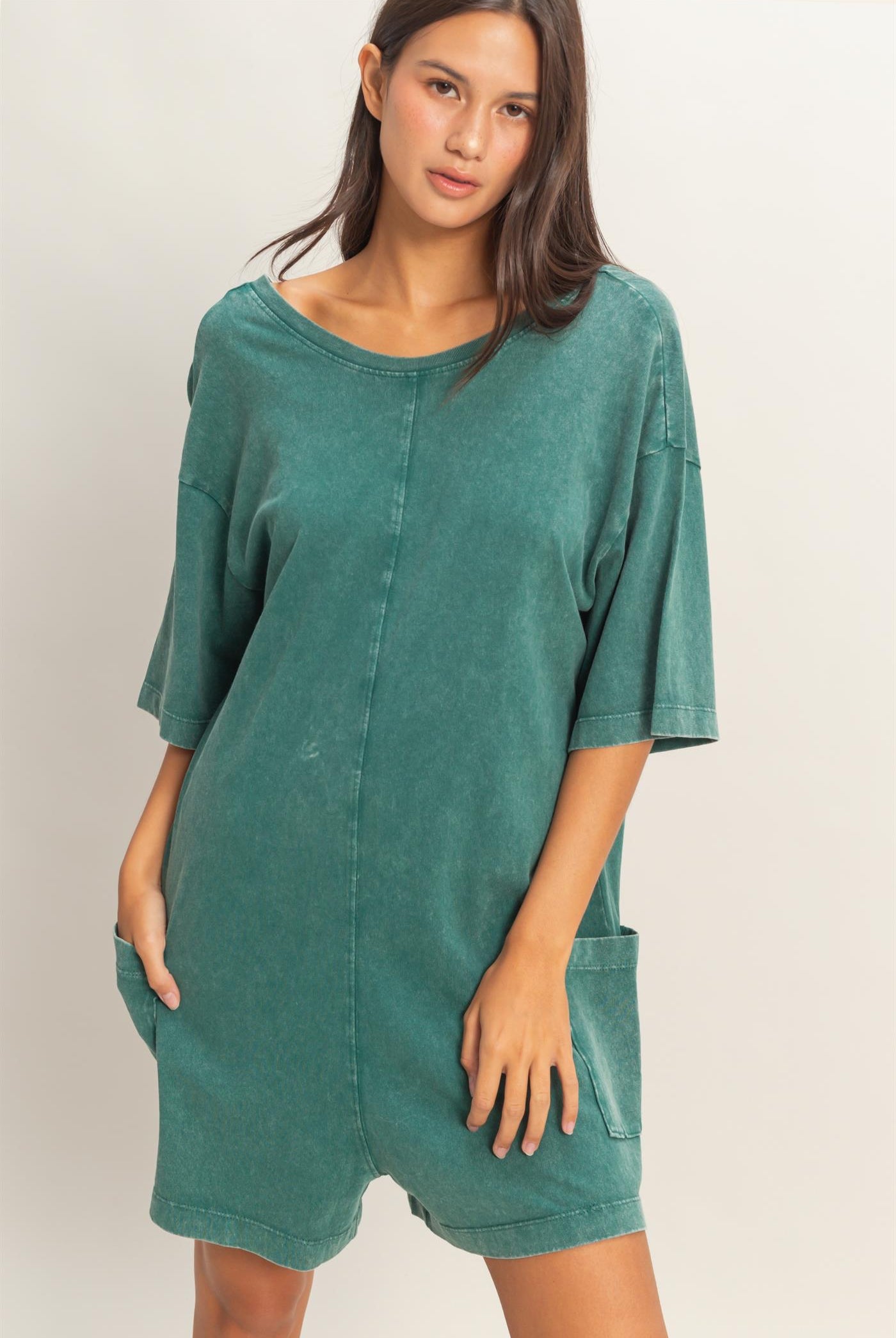 Wholesale Mineral Washed V-Back Romper Clothing DZ26A326 DARK TEAL HYFVE