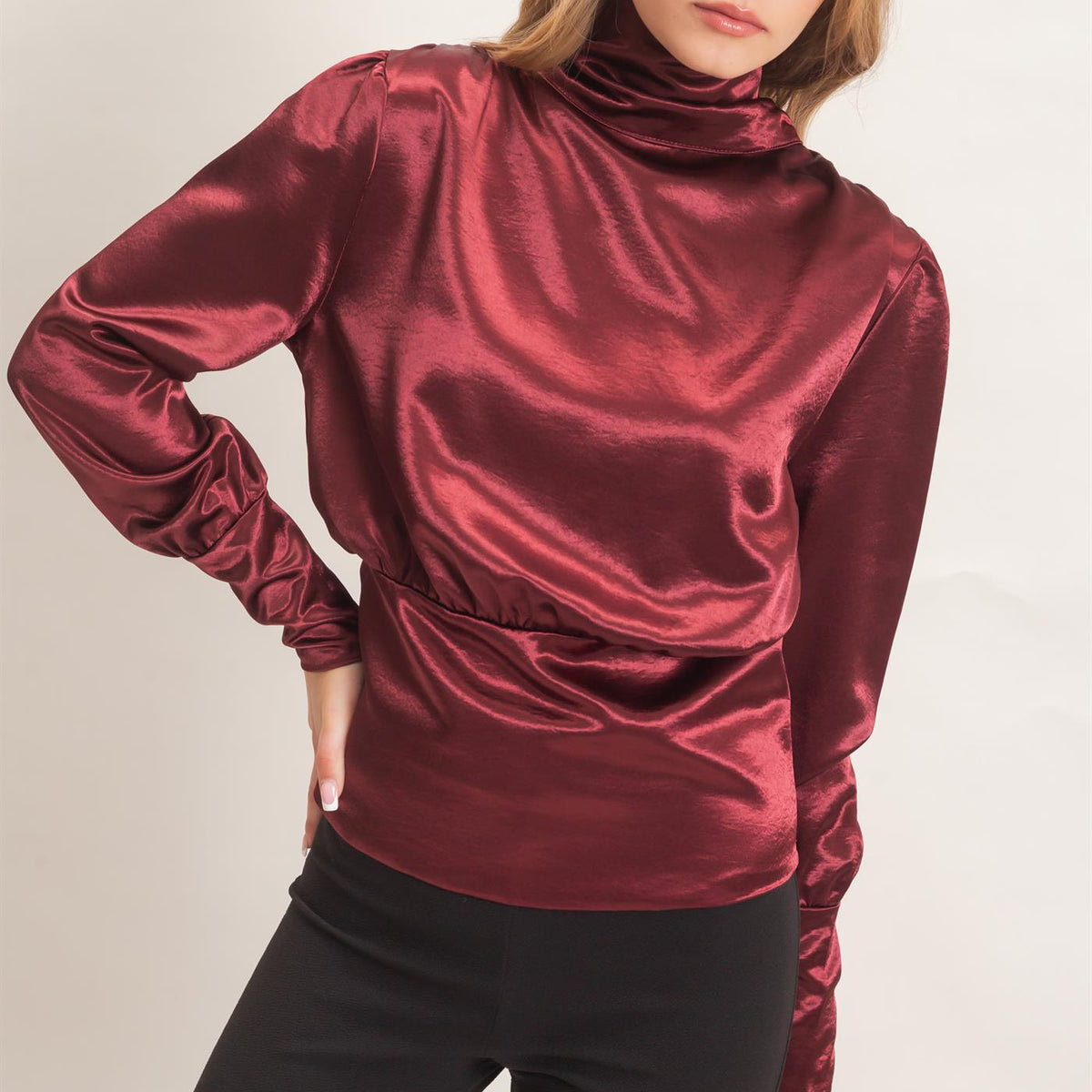 Wholesale Satin Cowl Back Blouse Blouses HF26F113 WINE HYFVE