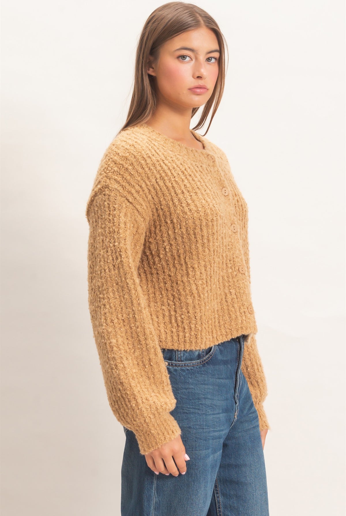 Wholesale Boucle Knit Button Front Cardigan Cardigans DZ26E270 TAUPE DOUBLE ZERO