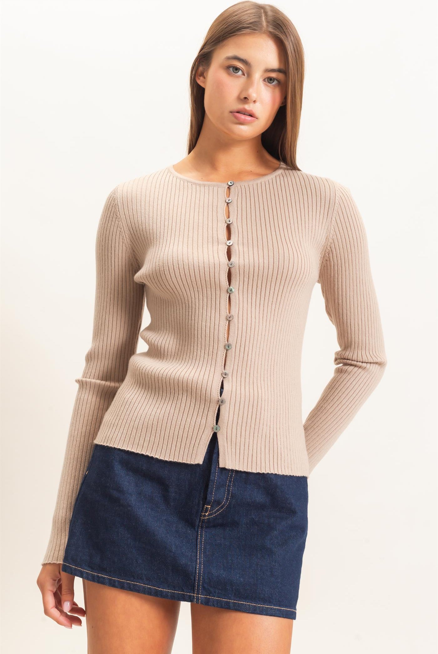 Wholesale Ribbed Button Front Cardigan Cardigans DZ26E322 TAUPE DOUBLE ZERO