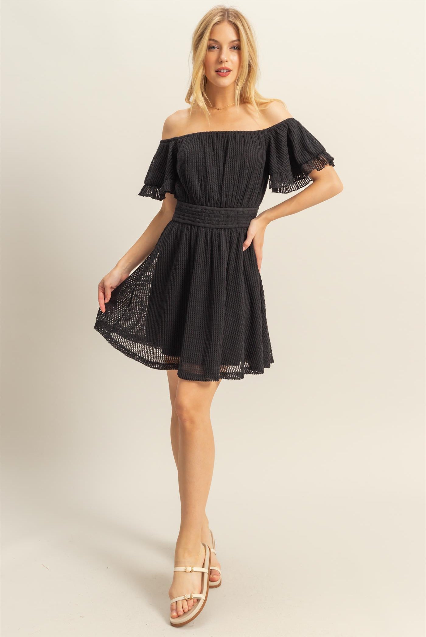 Wholesale Crochet Off-The-Shoulder Mini Dress Dresses HF25E125 BLACK HYFVE