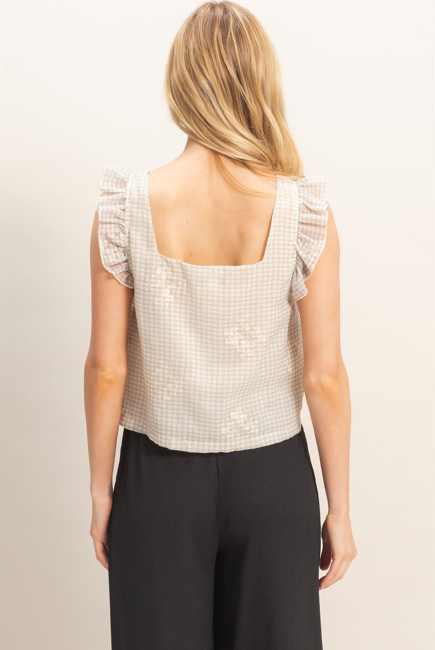 Wholesale Embroidered Gingham Tie Front Top Clothing HF26A501 DARK MAUVE HYFVE