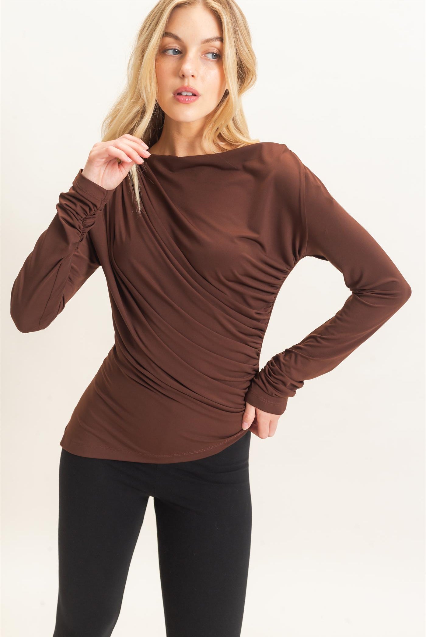 Wholesale Asymmetrical Ruched Long Sleeve Top Clothing Tops HF26C683 CHOCOLATE HYFVE