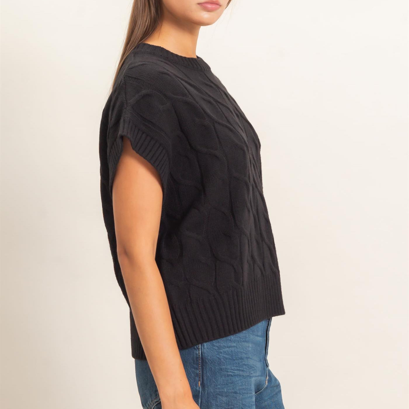Wholesale Cable Knit Cap Sleeve Sweater Sweaters DZ26C974 BLACK DOUBLE ZERO