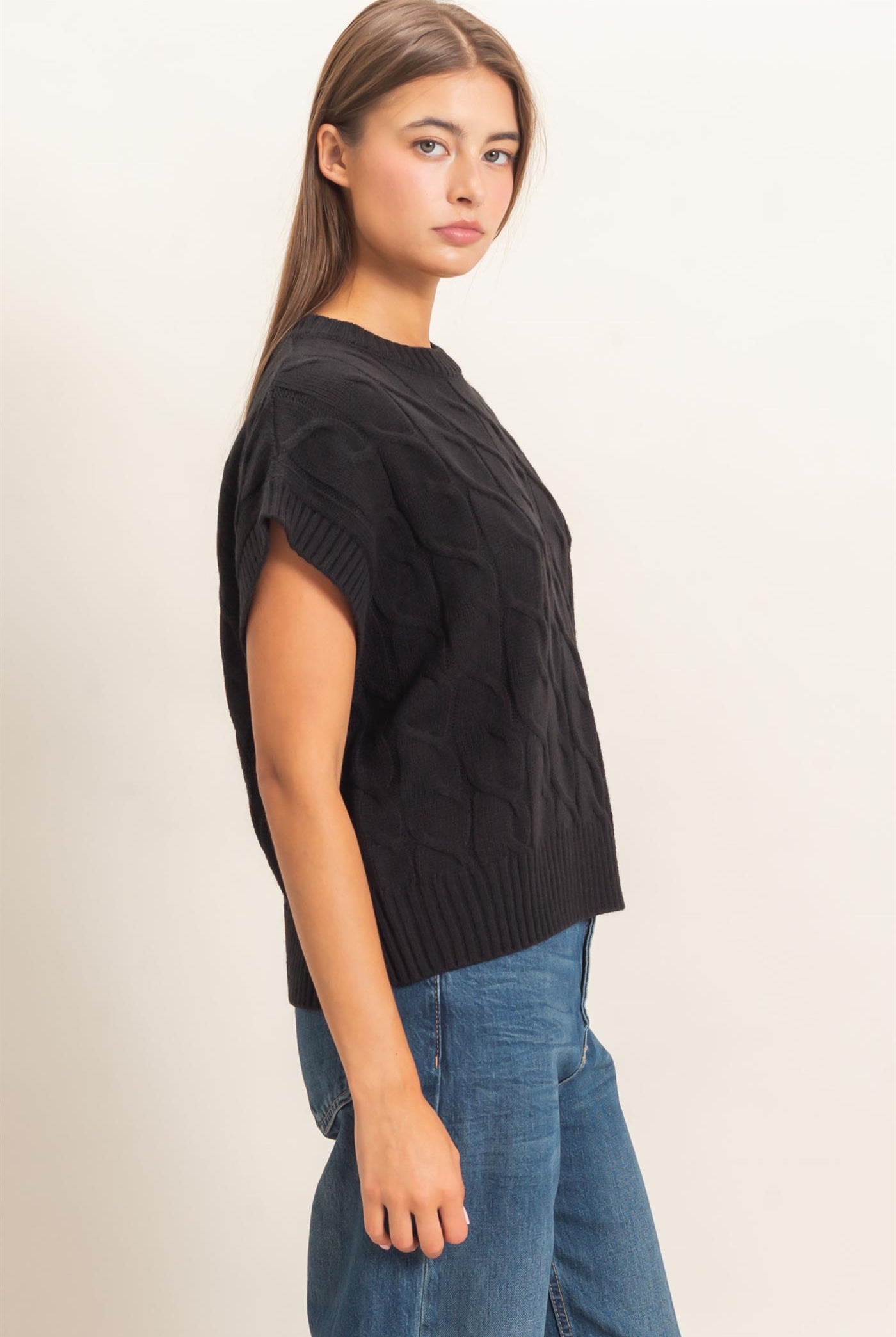 Wholesale Cable Knit Cap Sleeve Sweater Sweaters DZ26C974 BLACK DOUBLE ZERO