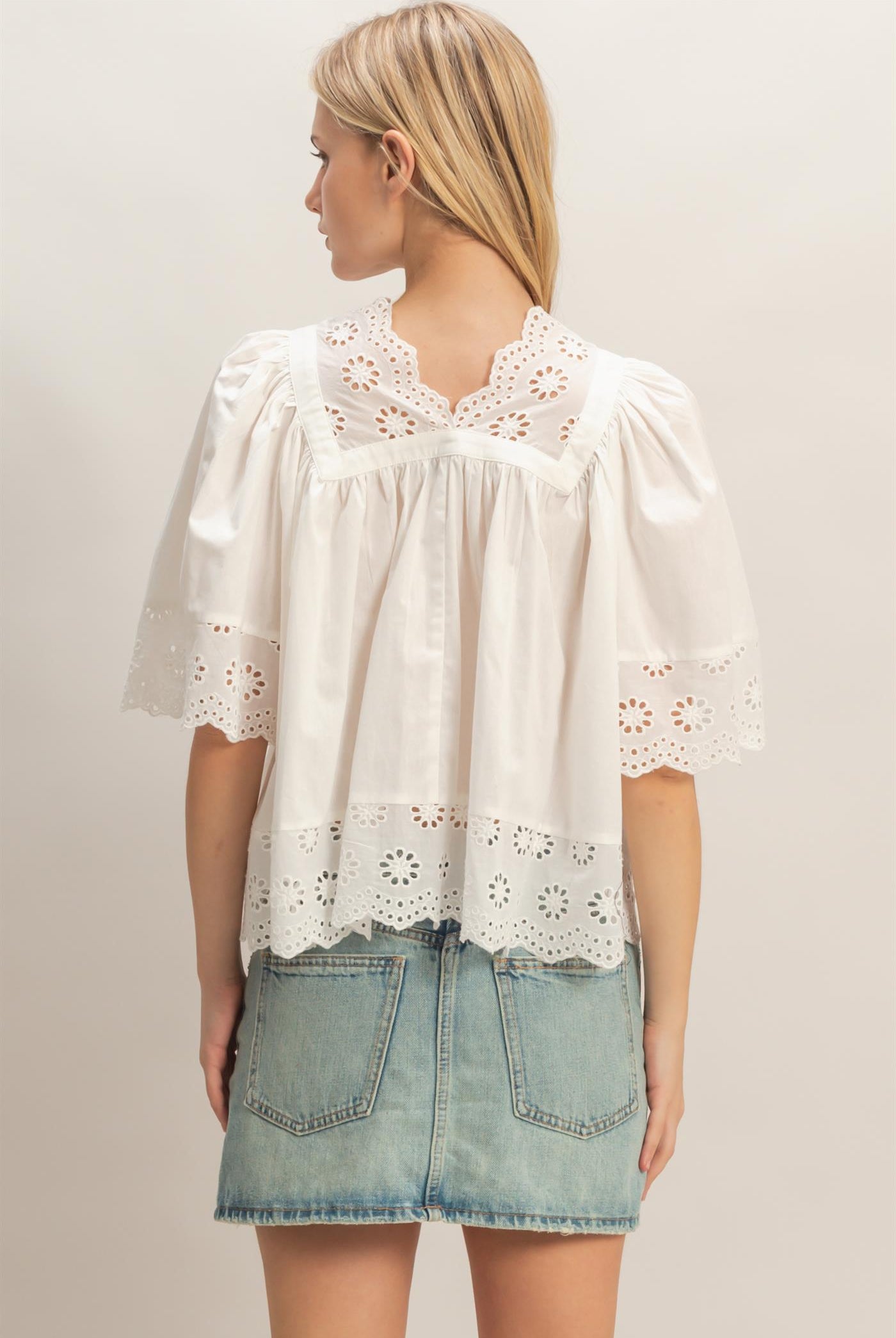 Wholesale Scalloped Eyelet Babydoll Top Clothing Tops HF26C293 WHITE HYFVE