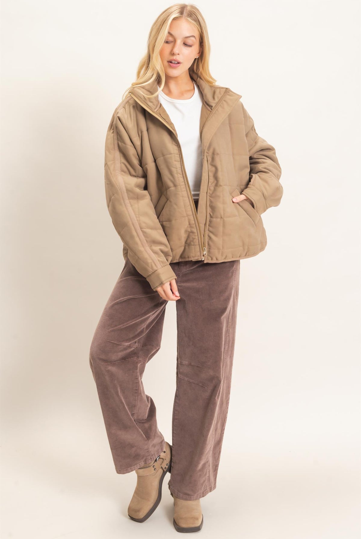 Wholesale Quilted High Collar Jacket Coats & Jackets HF26F167-D OLIVE HYFVE